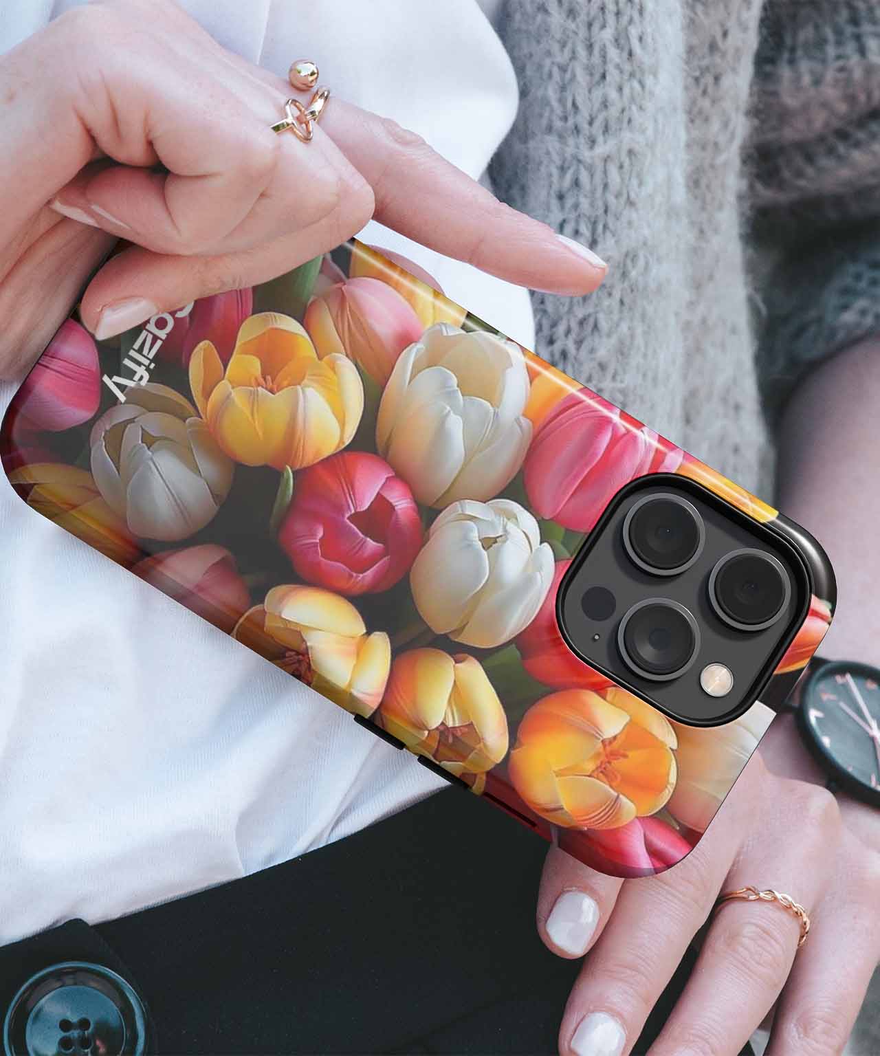 IPhone case with vibrant orange, red, and yellow tulip floral design. - Beautiful Bouquet of Colorful Tulips iPhone case - Cazify Canada