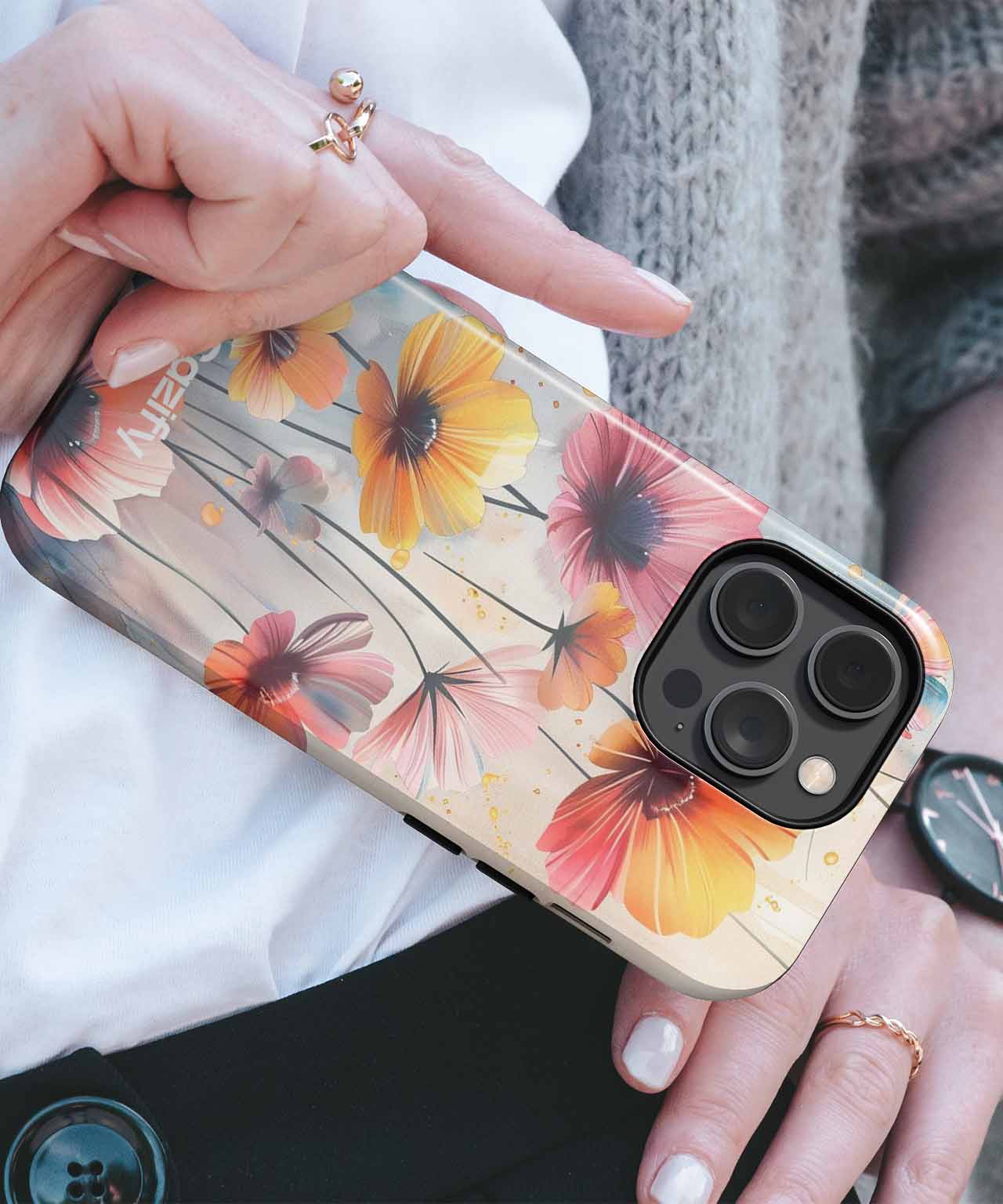 Clear iPhone case with orange and yellow floral design and black camera cutout. - Blooming Delightful Floral Fantasy iPhone case - Cazify Canada