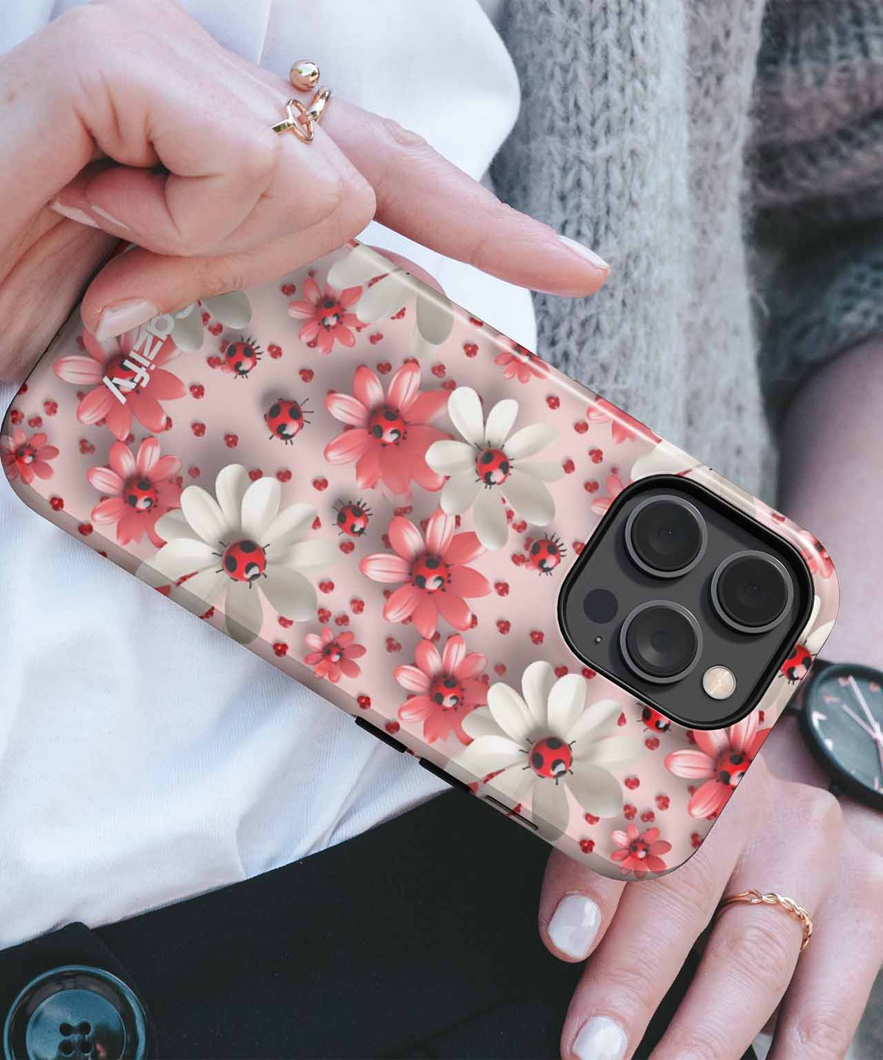 Clear iPhone case with pink and white floral pattern and gold accents. - Blooming Delightful Garden Party iPhone case - Cazify Canada