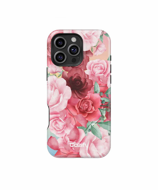 Pink and red floral pattern iPhone case with green leaves and triple camera cutout. - Blooming Delightful Rose Garden iPhone case - Cazify Canada