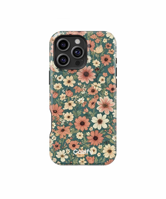 Floral pattern iPhone case with green background and pink flowers for Pro models. - Blooming Floral Fantasy Dance iPhone case - Cazify Canada