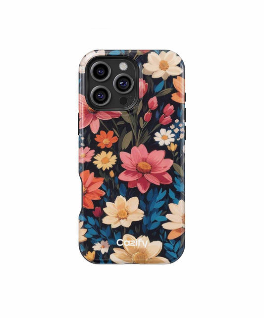 Floral pattern iPhone case with pink, blue, and beige flowers on black background. - Blooming Garden Party Extravaganza iPhone case - Cazify Canada