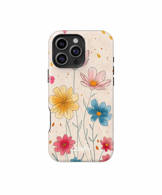 Floral patterned iPhone case with yellow, pink, and blue flowers on beige background. - Blossoming Delightful Garden Blooms iPhone case - Cazify Canada