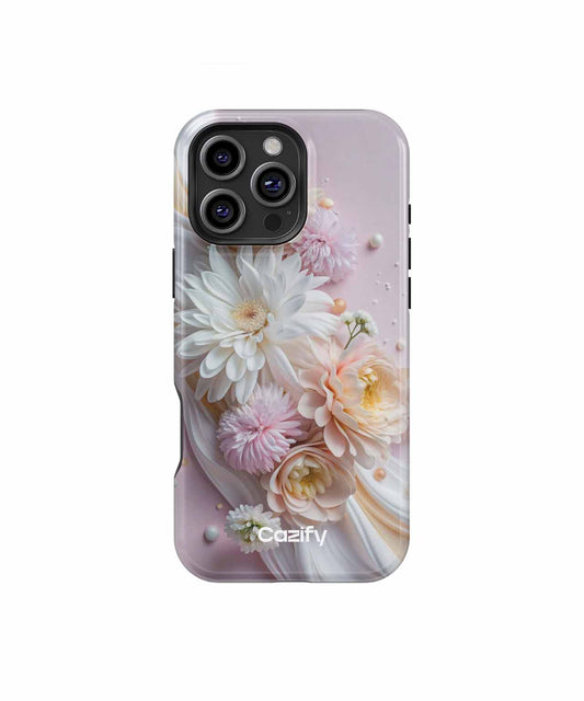 Clear iPhone case with soft pink background and white and cream floral design. - Blossoming Pastel Dreams with Soft Petals iPhone case - Cazify Canada
