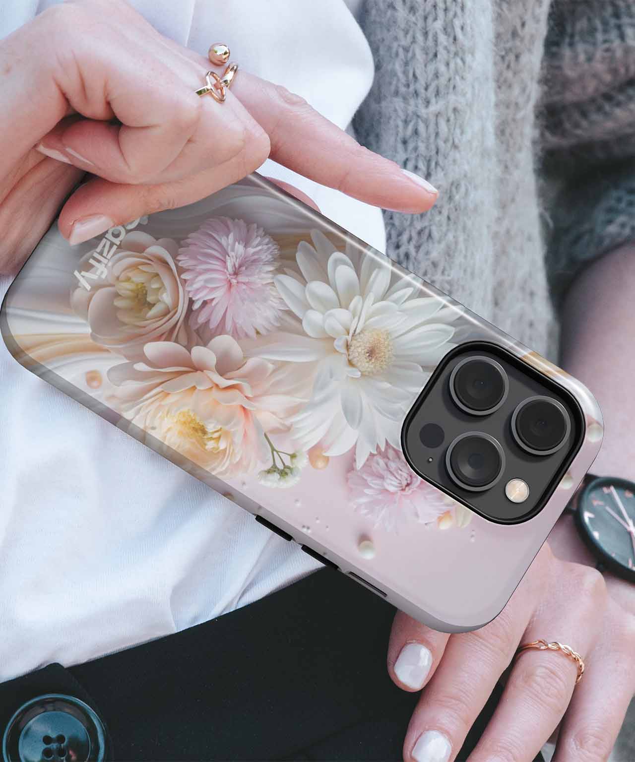 Transparent iPhone case with delicate white and pink floral design covering the back. - Blossoming Pastel Dreams with Soft Petals iPhone case - Cazify Canada