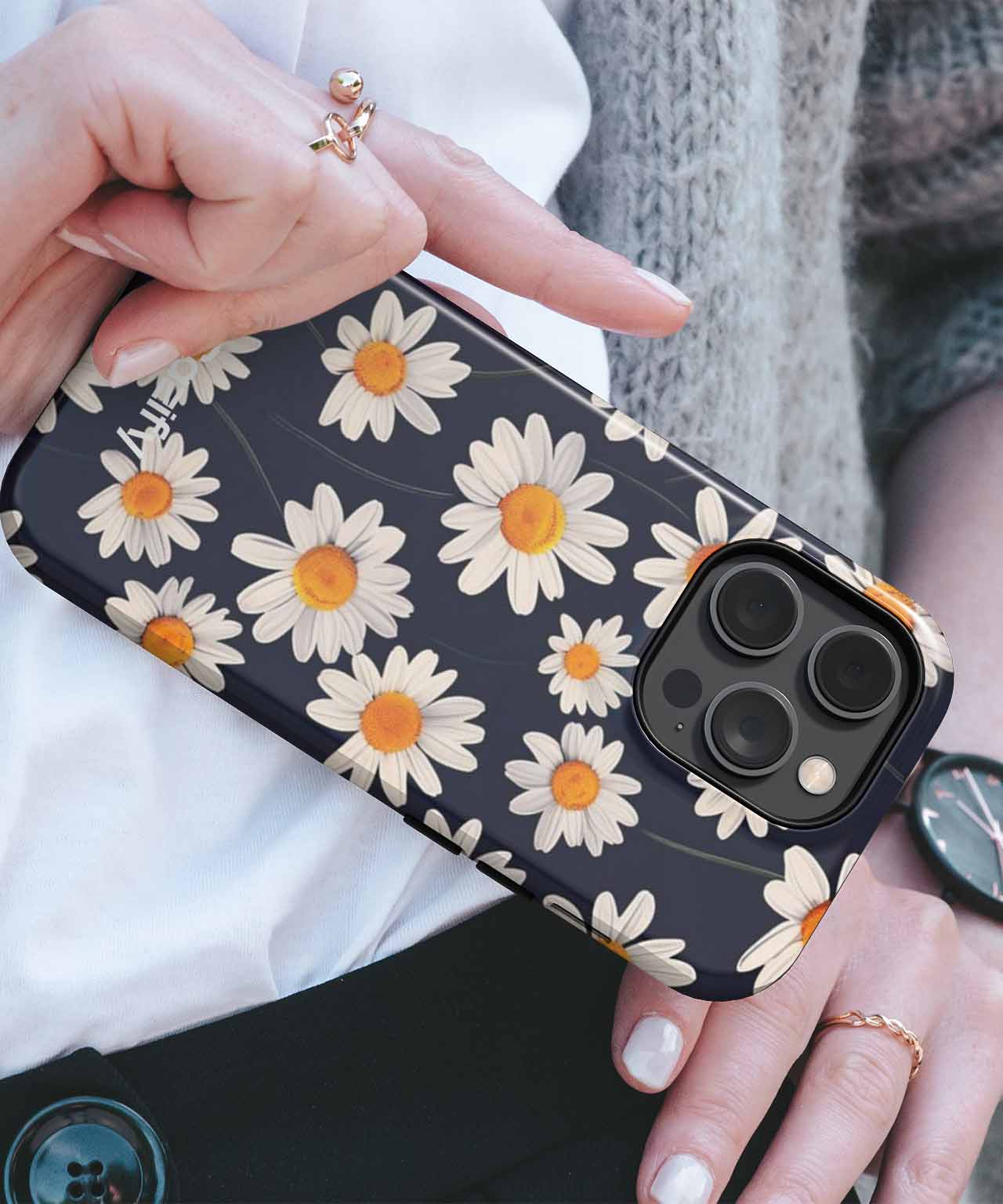 Black iPhone case with white and yellow daisy floral pattern and black camera cutout. - Bright Daisy Field of Delight iPhone case - Cazify Canada
