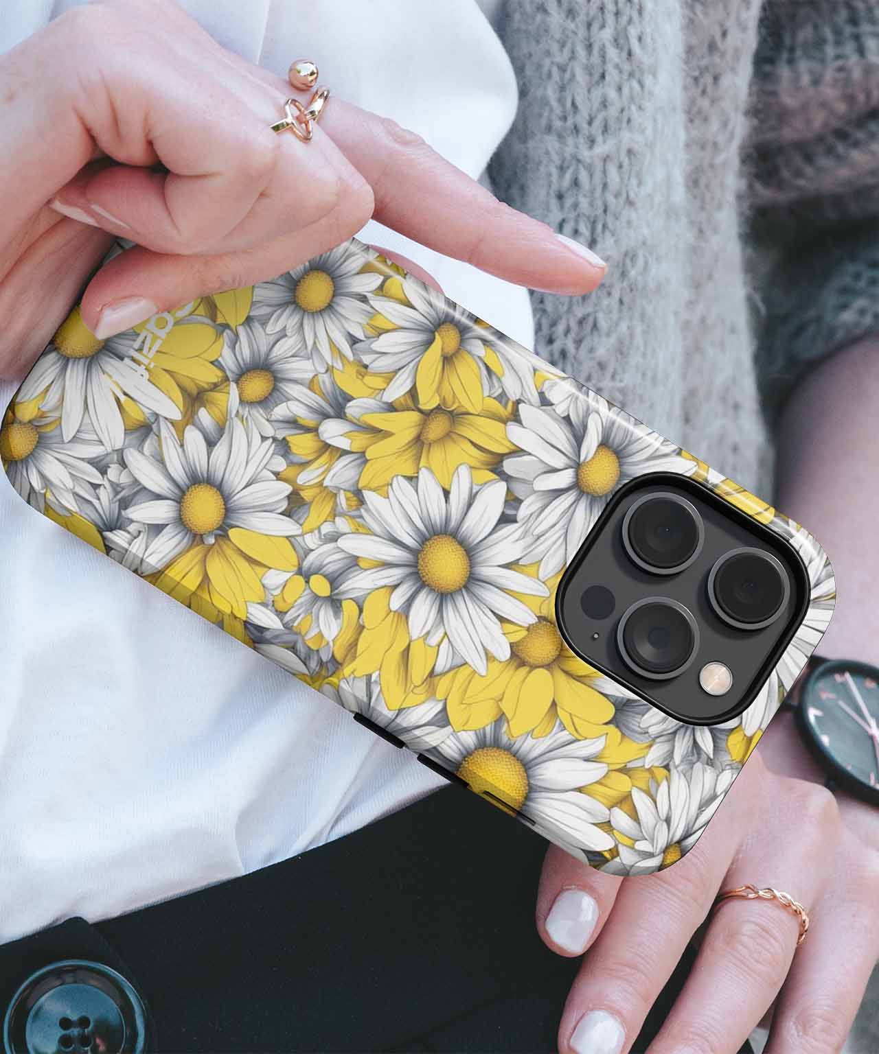 Yellow and white daisy floral iPhone case with black camera cutout. - Bursting with Cheerful Daisy Delight iPhone case - Cazify Canada