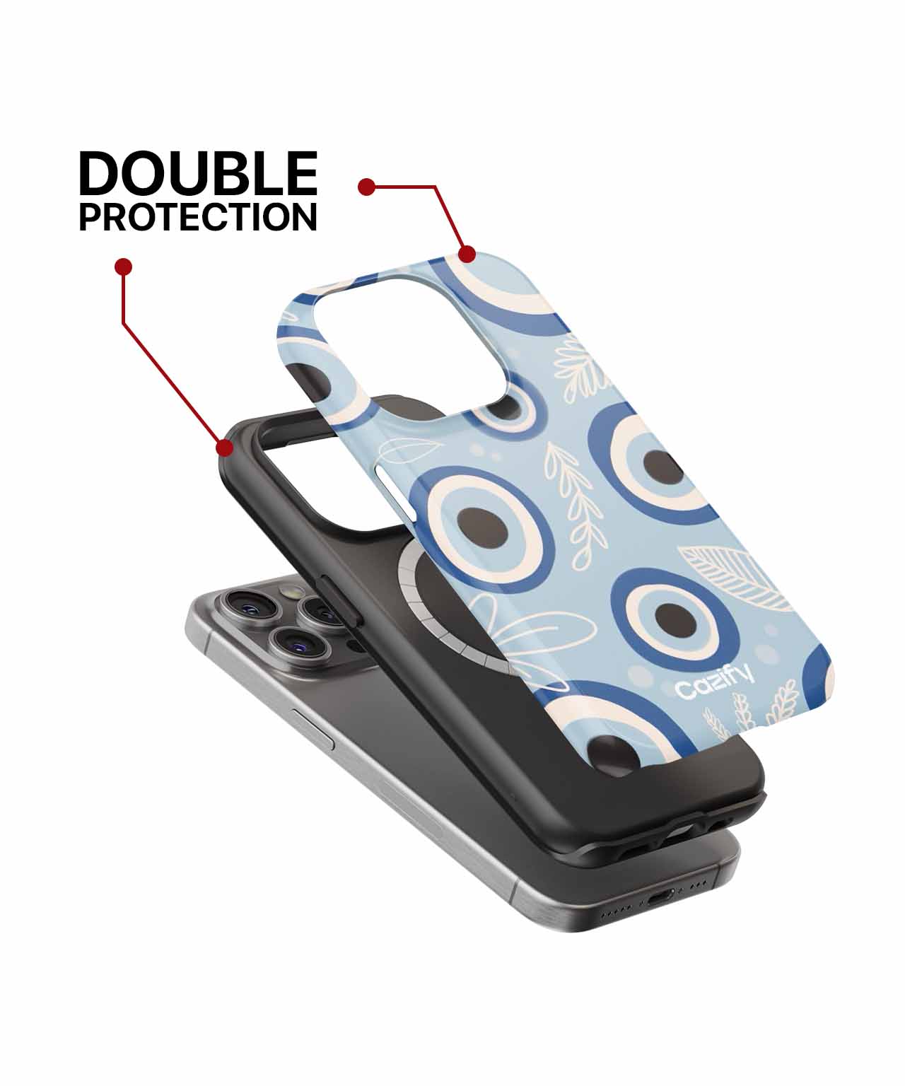 Blue and white evil eye pattern phone case layered over black protective case for iPhone. - Cazify Canada - Charming Blue Eye Pattern Vibes iPhone case