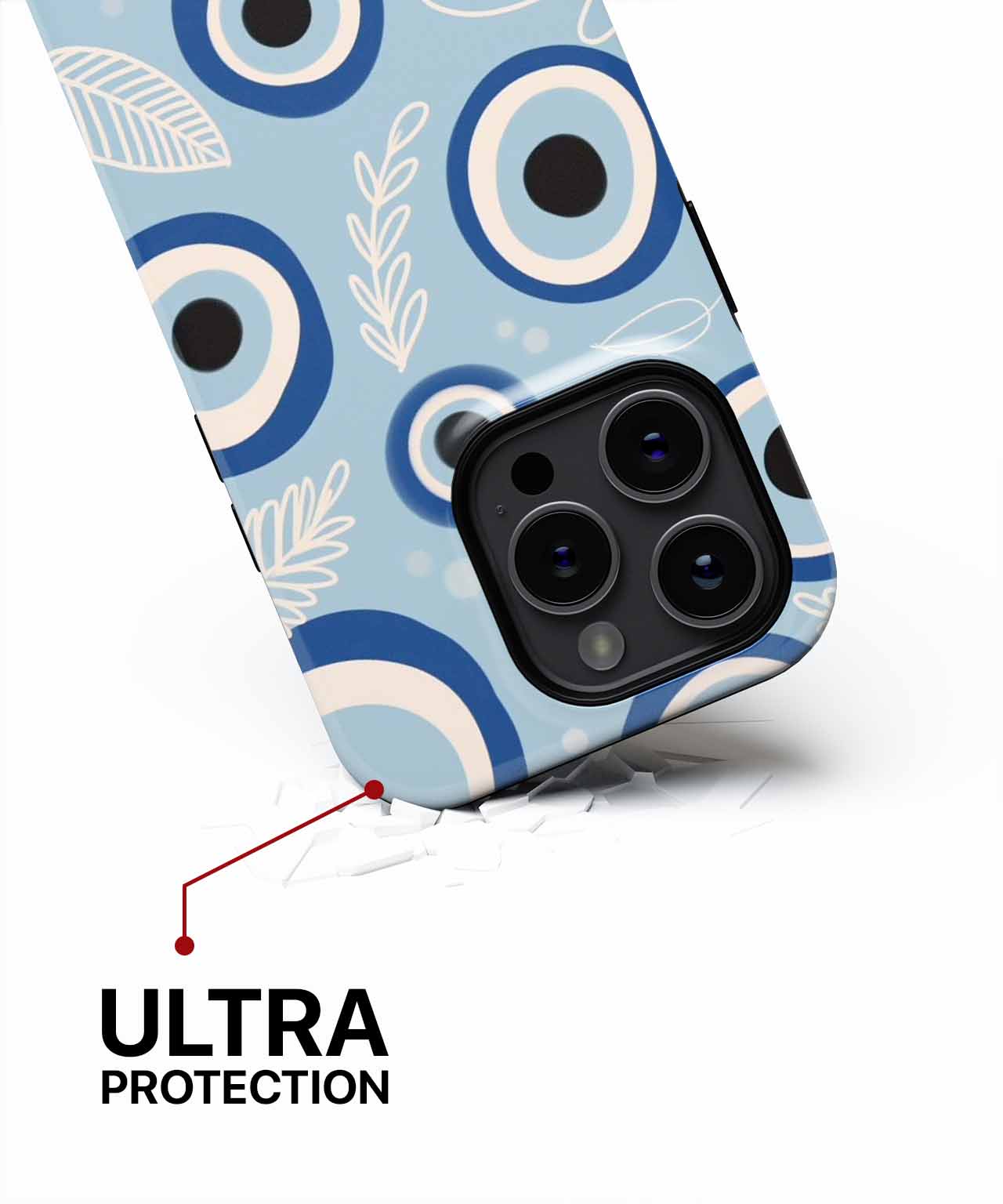 Blue phone case with black, white, and navy abstract eye pattern and leaves design. - Cazify Canada - Charming Blue Eye Pattern Vibes iPhone case