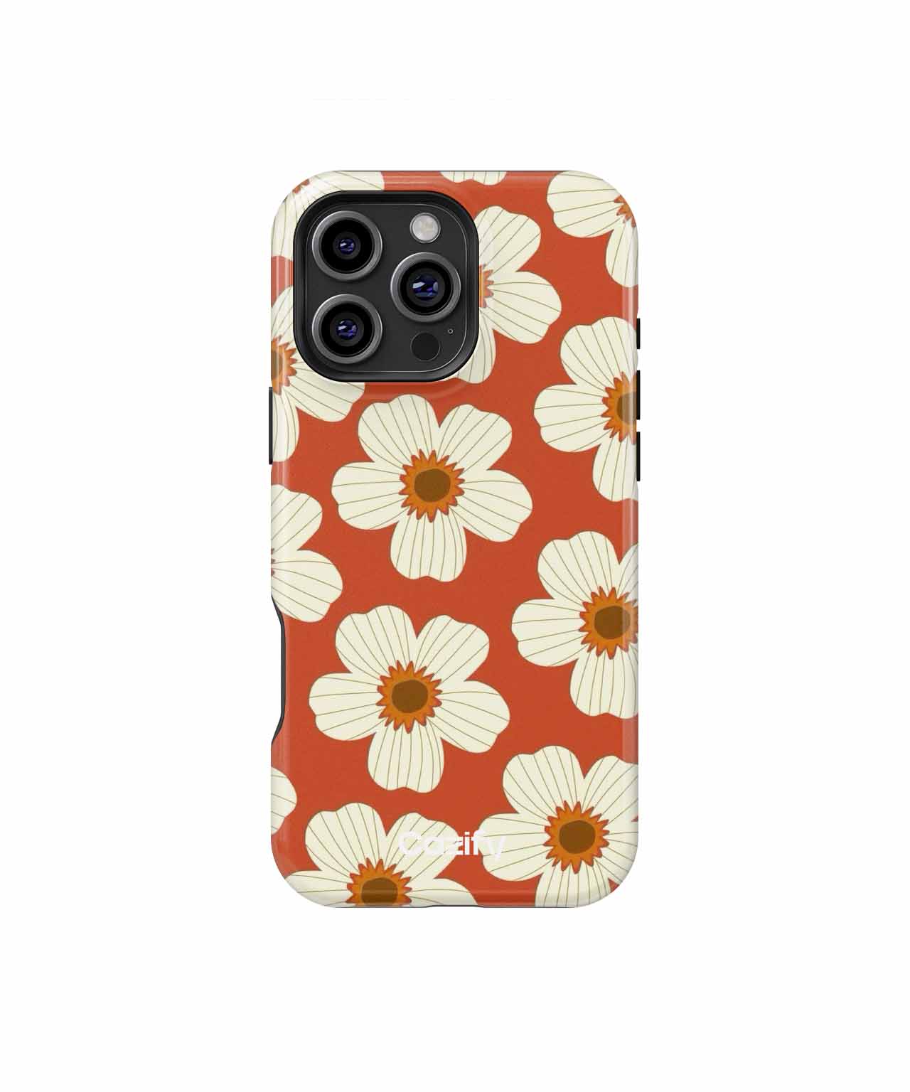 Brown phone case with large white daisy flowers and yellow centers on an iPhone Pro model. - Cazify Canada - Charming Floral Fiesta on Terracotta iPhone case