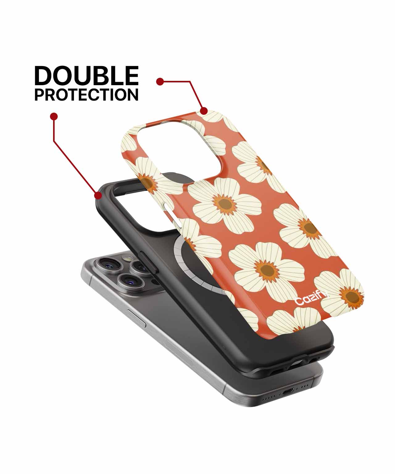 Phone case with brown background and large white and beige flowers, showing dual-layer protection over a gray iPhone. - Cazify Canada - Charming Floral Fiesta on Terracotta iPhone case