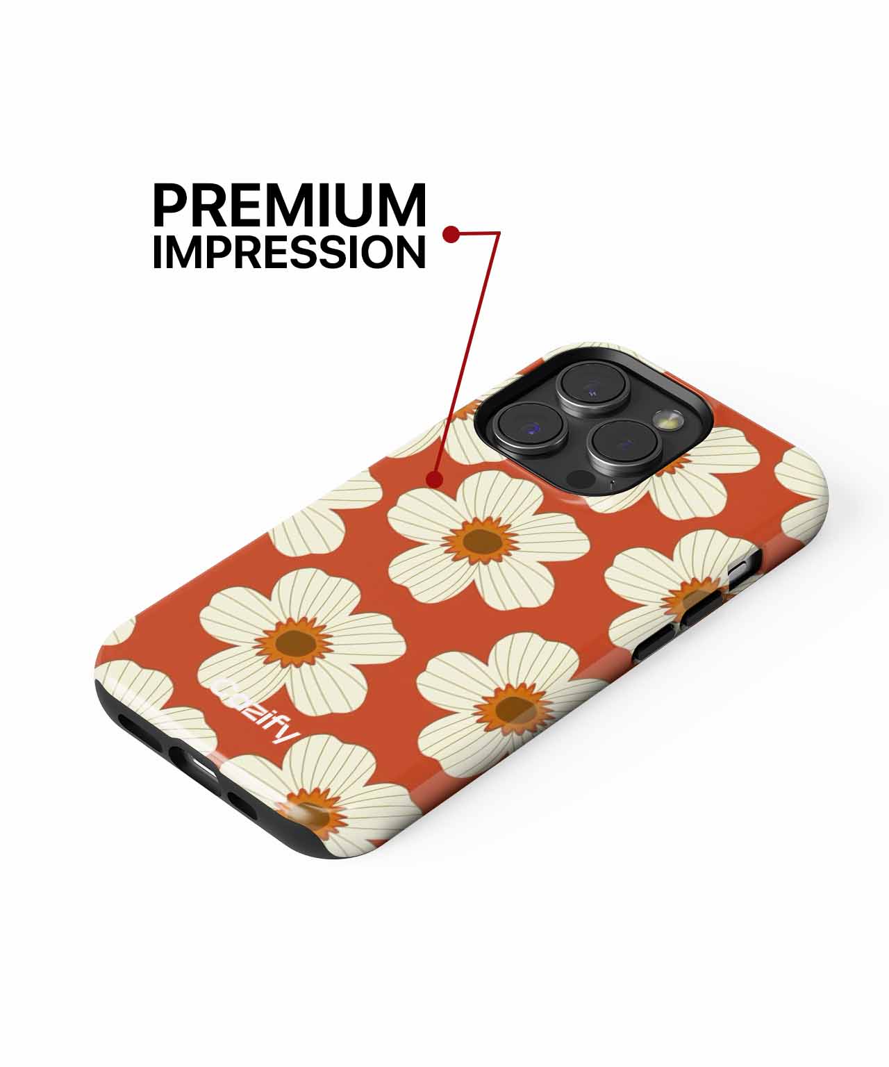 Brown phone case with large white and orange daisy flowers on an iPhone with triple camera lenses. - Cazify Canada - Charming Floral Fiesta on Terracotta iPhone case