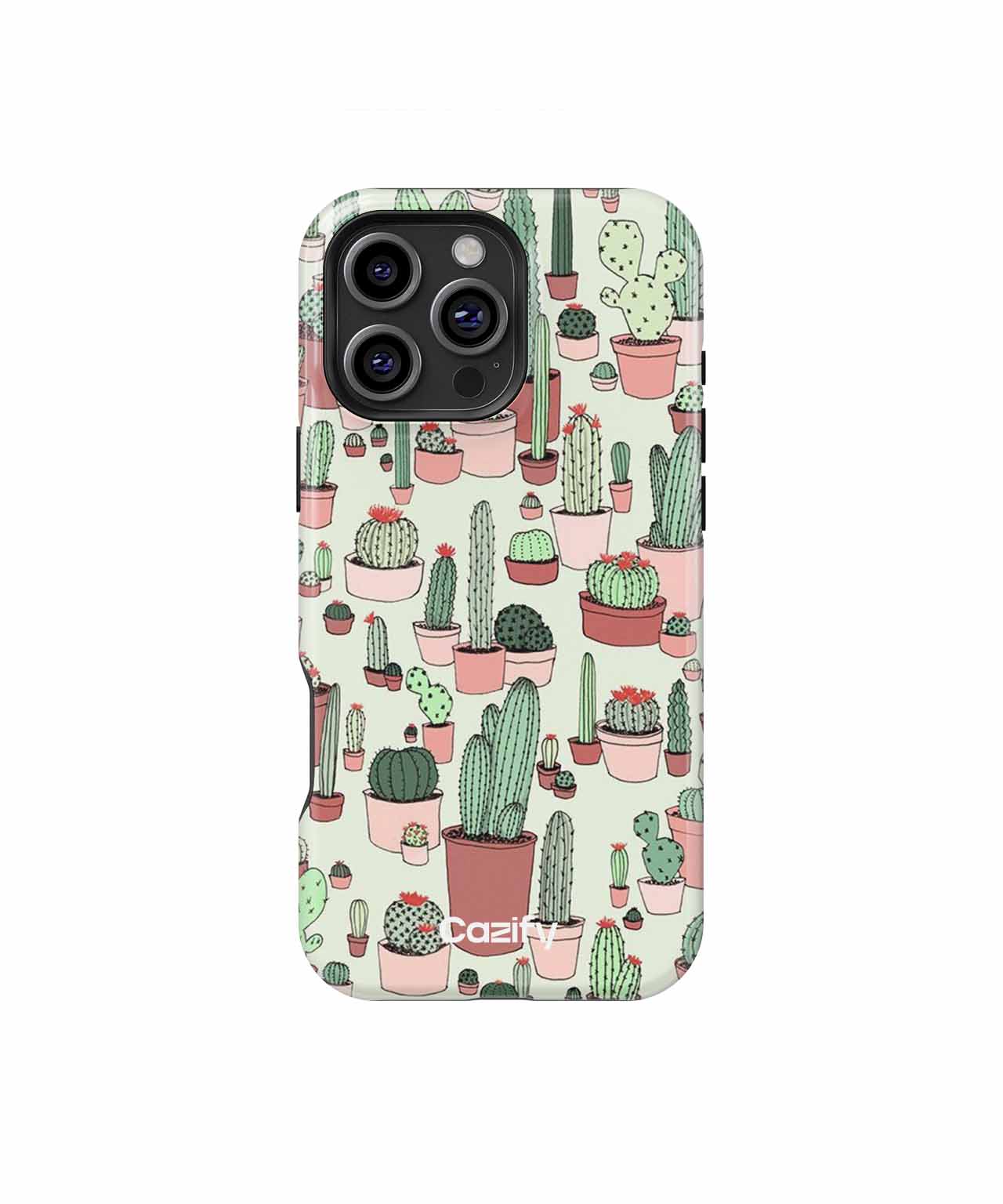 Clear phone case with pink potted cactus and succulent pattern on white background. - Cazify Canada