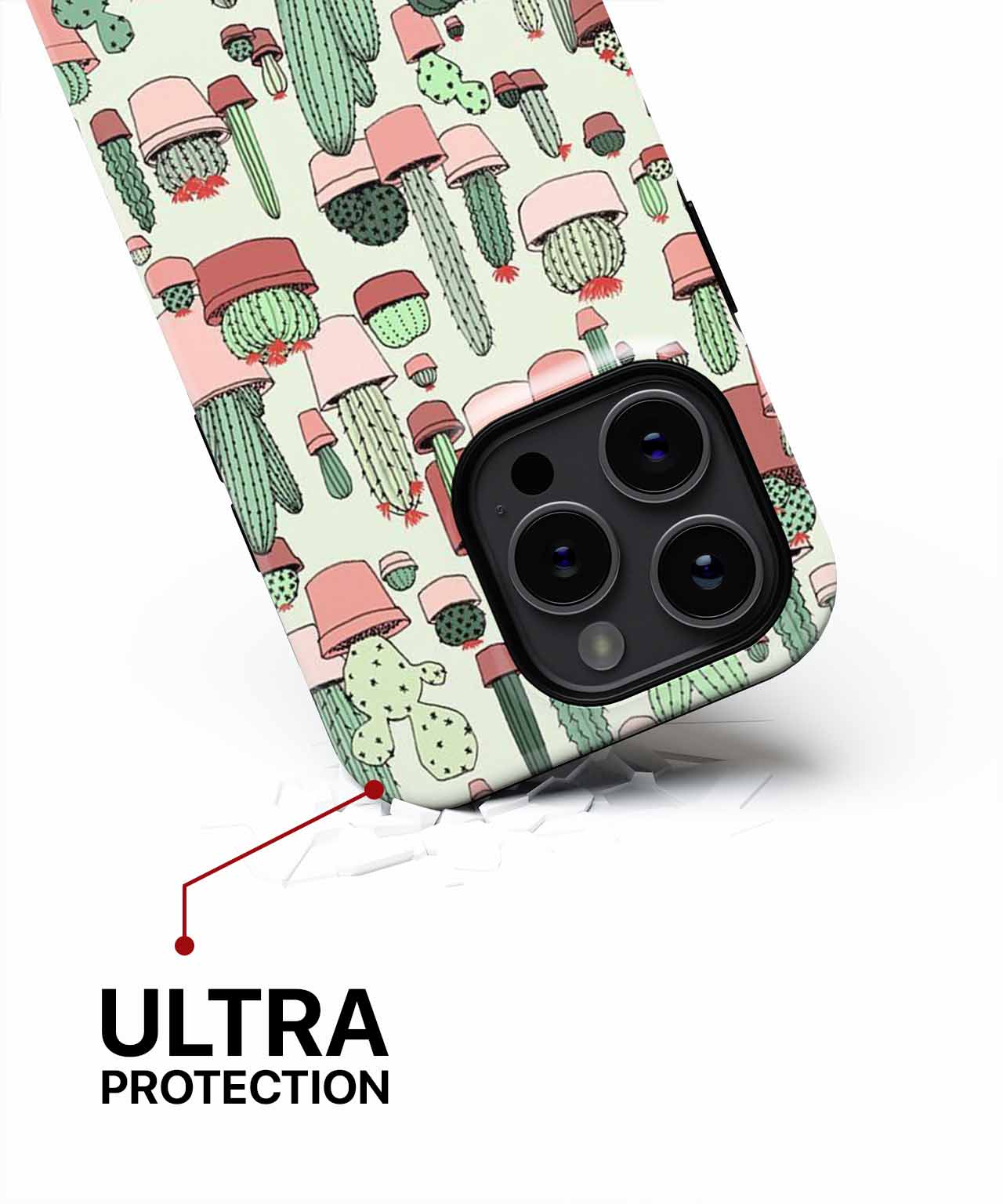 Green cactus and pink pot pattern phone case with reinforced corners on black iPhone camera cutout. - Cazify Canada