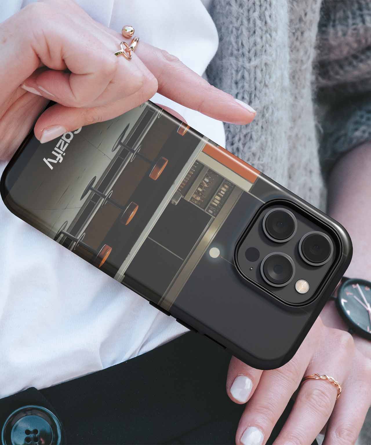 Black iPhone case with transparent back showing internal circuit board details. - Cazify Canada