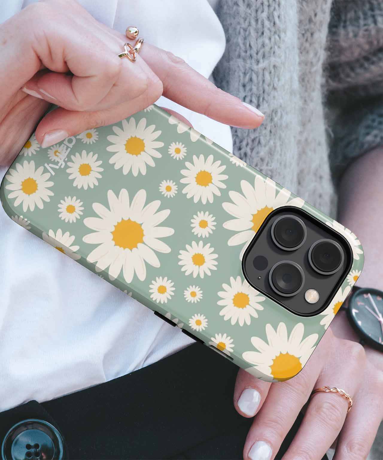 Green iPhone case with white and yellow daisy flower pattern. - Cheerful Daisy Delight in Bloom iPhone case - Cazify Canada