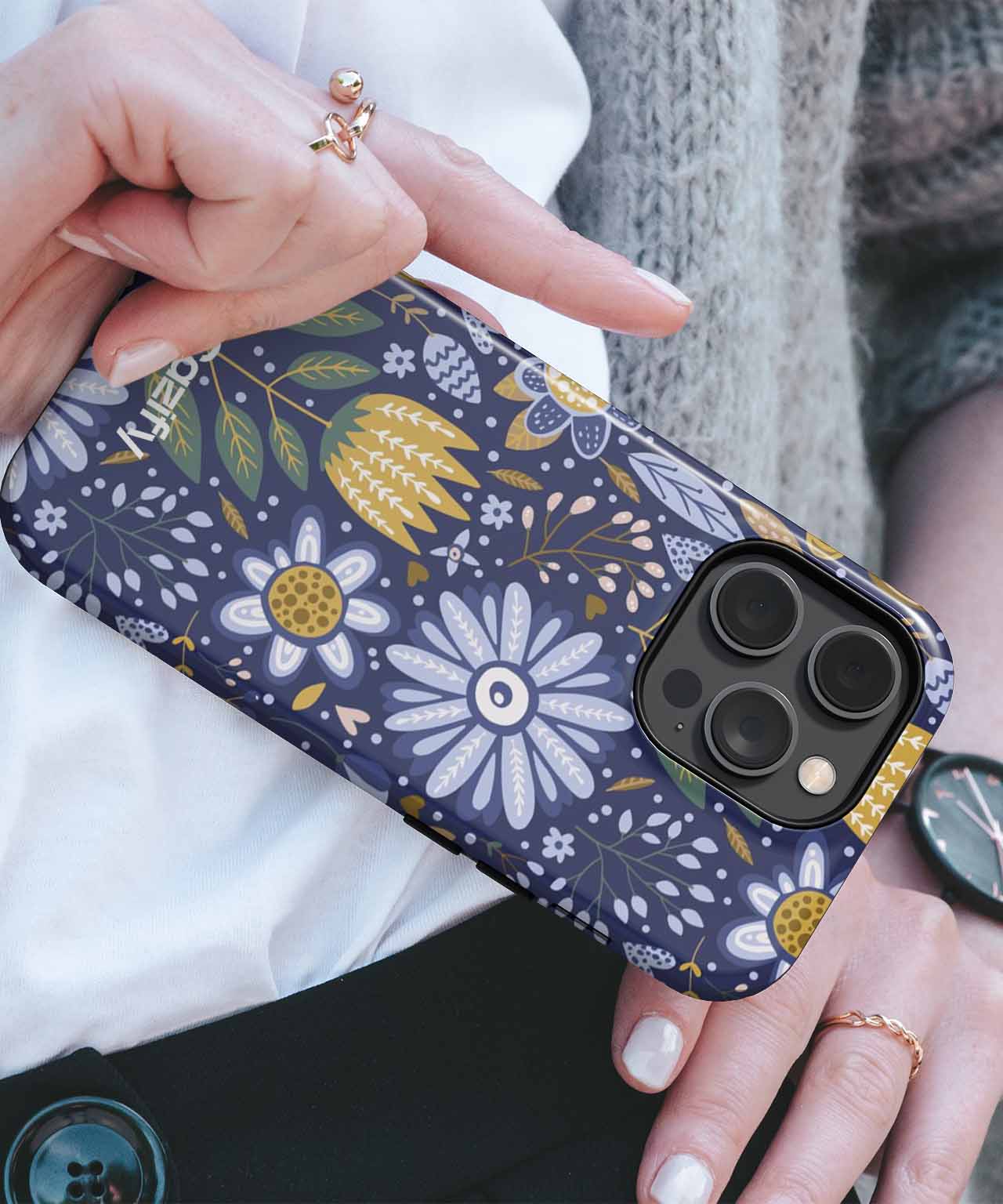 Navy blue iPhone case with yellow and white floral print and gold accents on camera cutout. - Cazify Canada