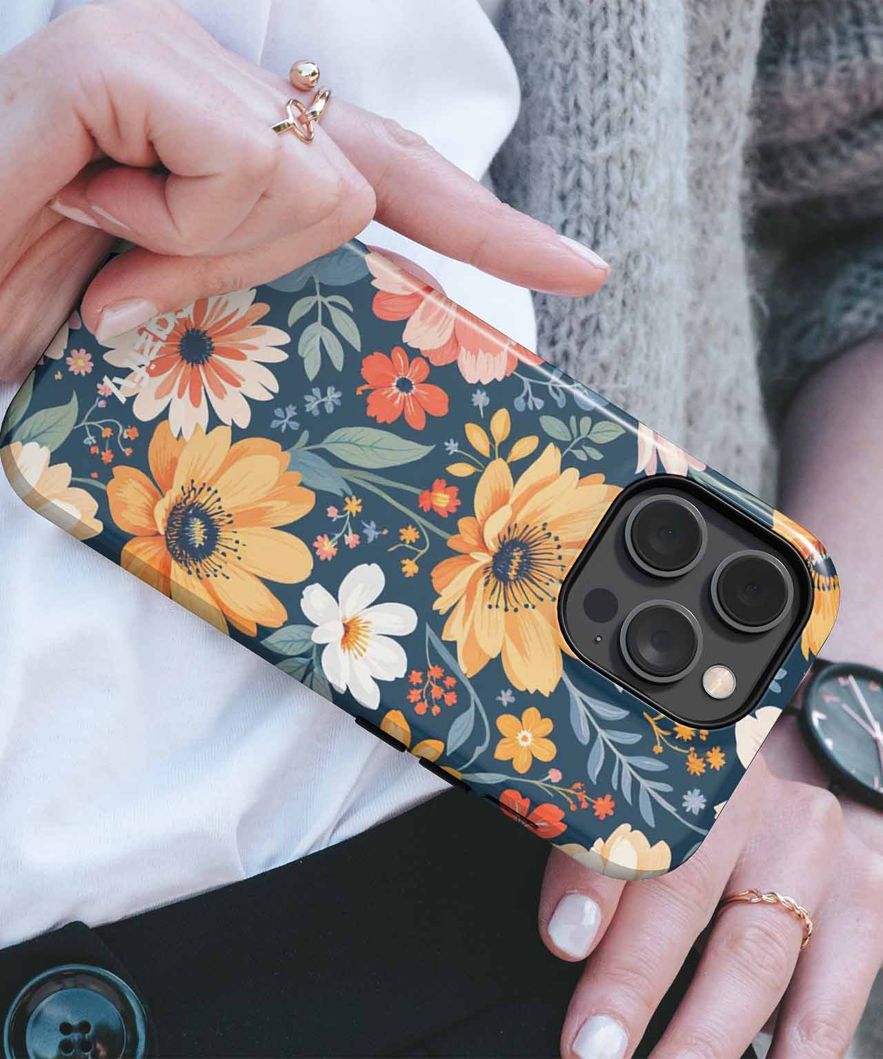 Floral patterned iPhone case with large sunflowers and daisies on dark background. - Cheerful Floral Fiesta for Your Home iPhone case - Cazify Canada
