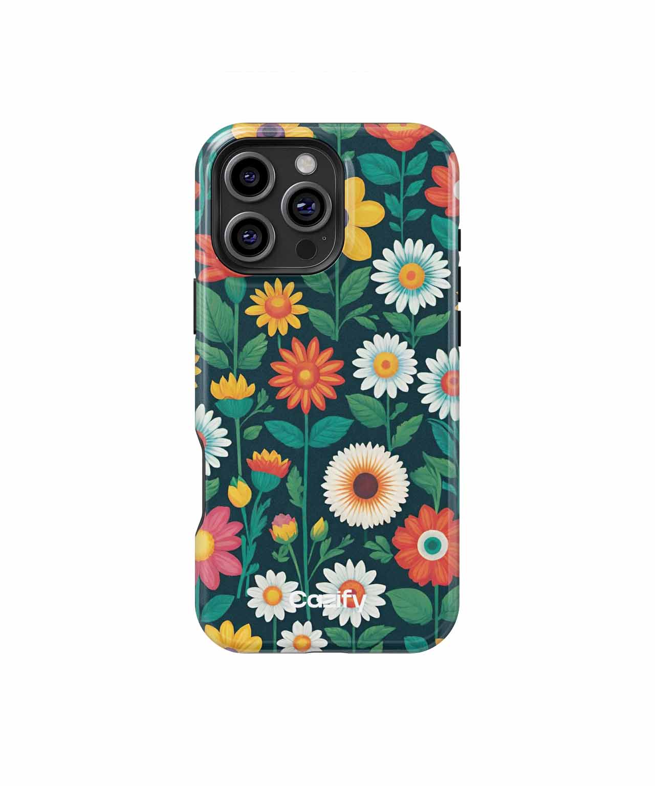 Floral pattern iPhone case with colorful daisies on dark green background. - Cheerful Garden of Whimsical Blooms iPhone case - Cazify Canada