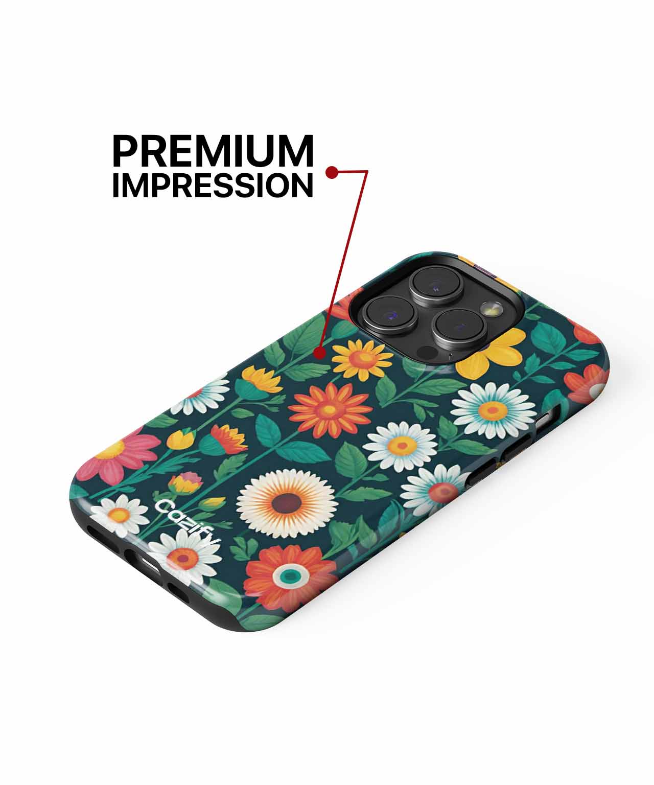 Floral pattern iPhone case with vibrant orange, yellow, and white flowers on dark green background. - Cheerful Garden of Whimsical Blooms iPhone case - Cazify Canada