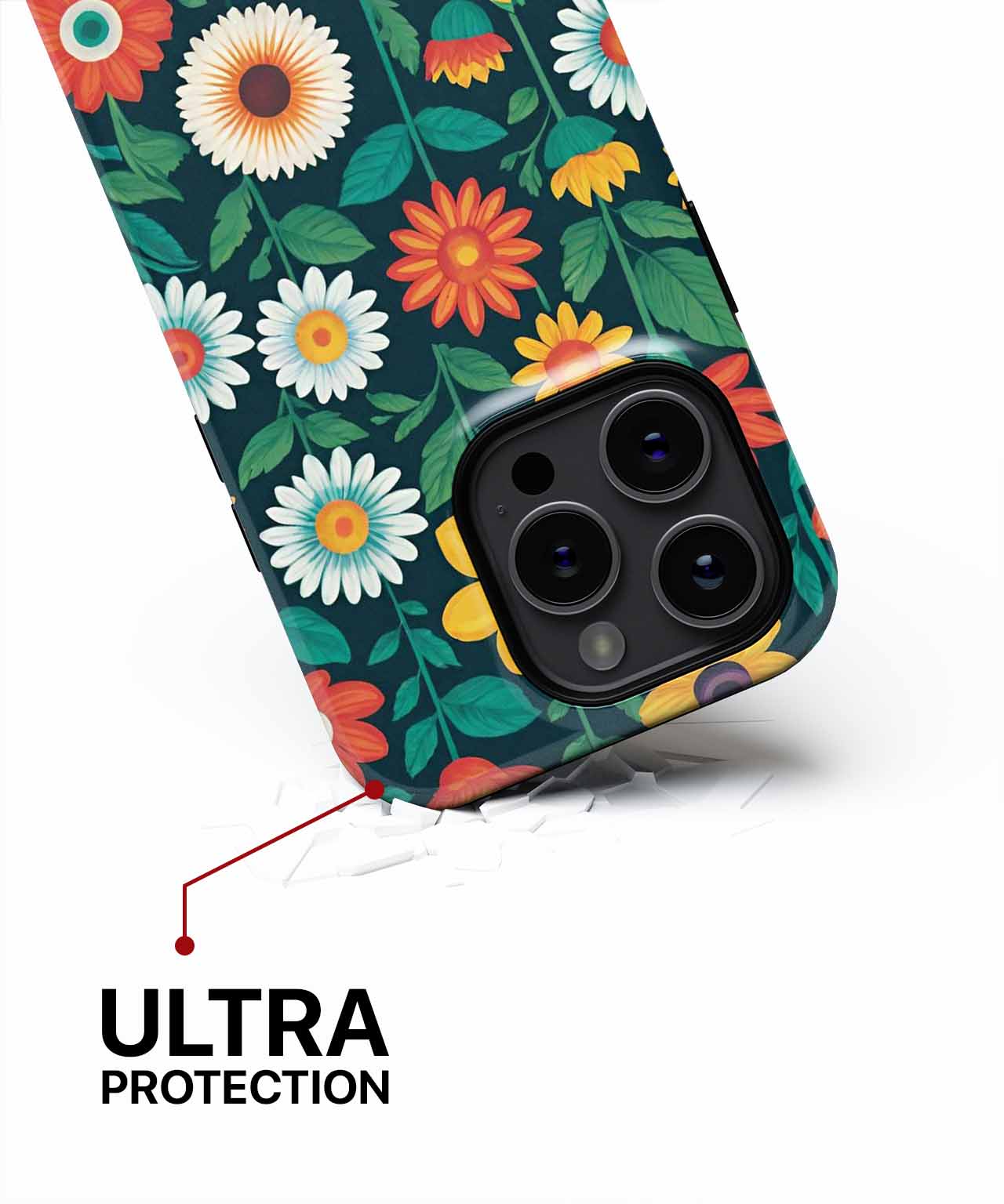 Floral patterned iPhone case with blue background and vibrant orange, white, and yellow flowers, featuring camera cutout and . - Cheerful Garden of Whimsical Blooms iPhone case - Cazify Canada