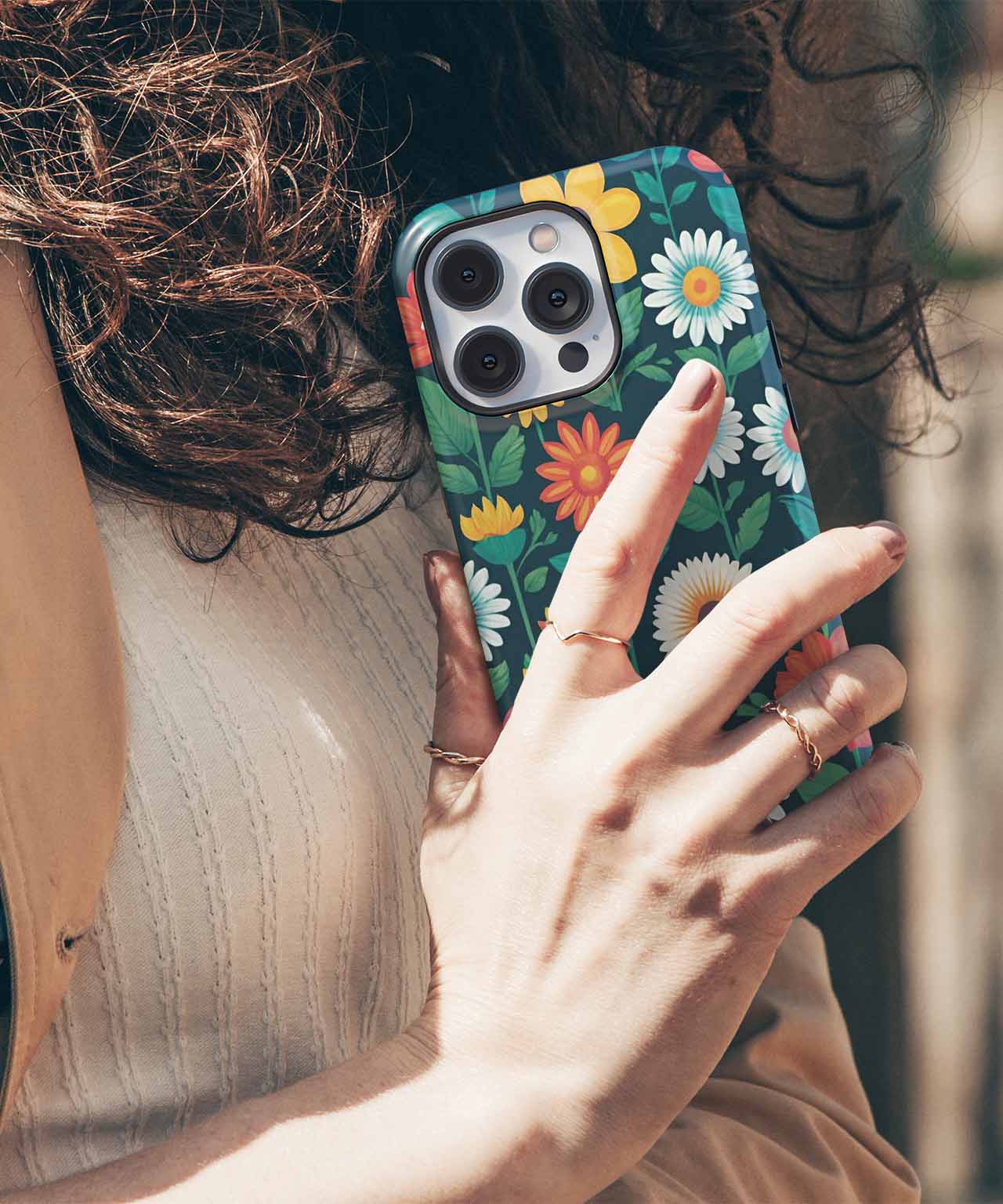 Floral pattern iPhone Case with daisies and leaves on a black background. - Cheerful Garden of Whimsical Blooms iPhone case - Cazify Canada