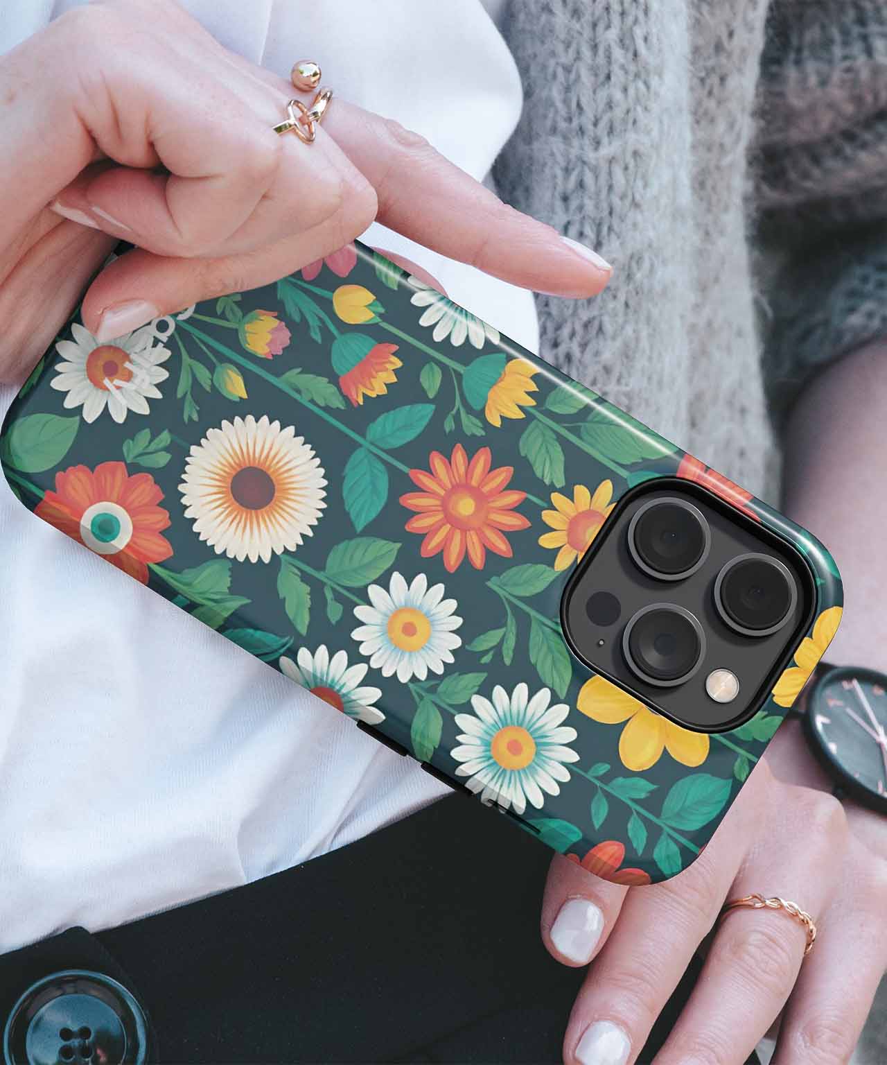 Floral green iPhone Case with white and orange flowers, protecting camera lenses. - Cheerful Garden of Whimsical Blooms iPhone case - Cazify Canada