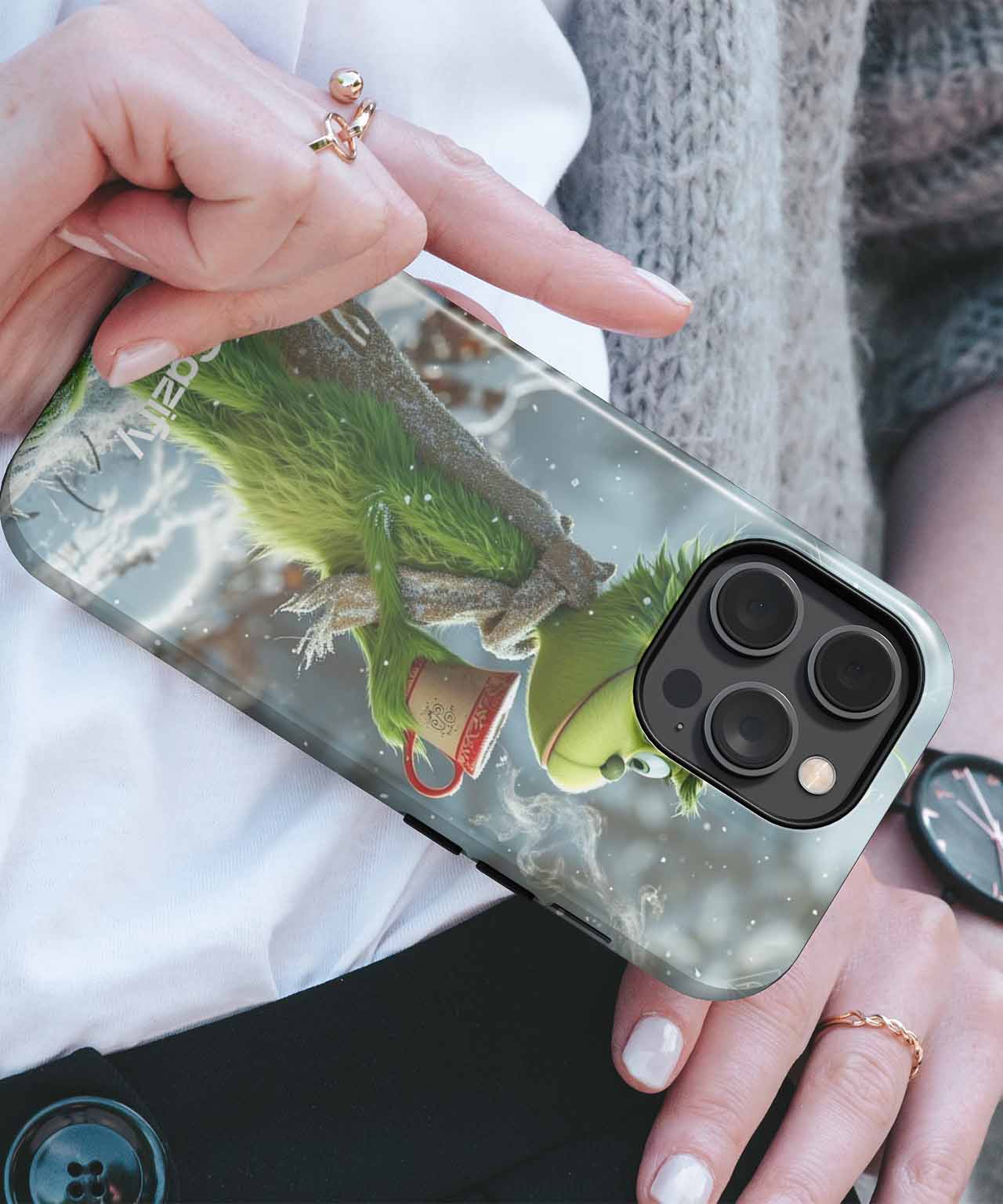 Cheerful Green Character Sipping Cocoa iPhone case Case Cazify - Delivery Canada