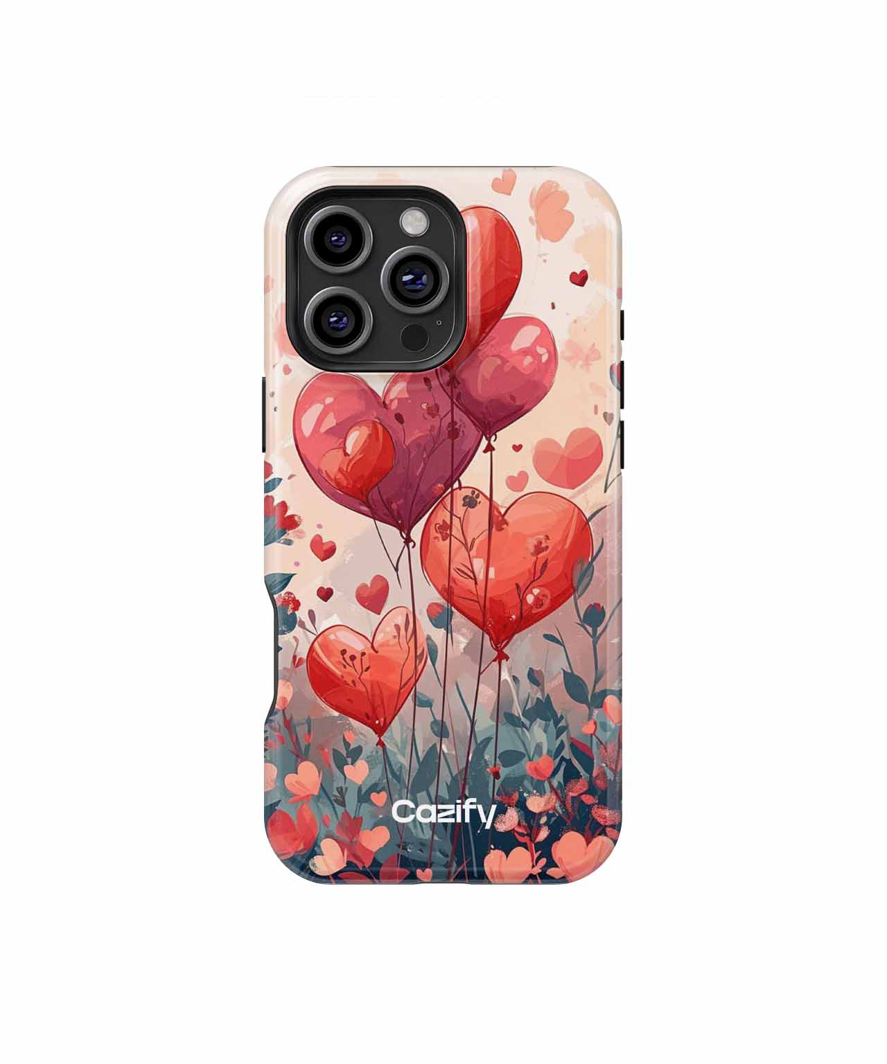 Red and pink heart-shaped balloon design phone case with small hearts and navy background. - Cazify Canada
