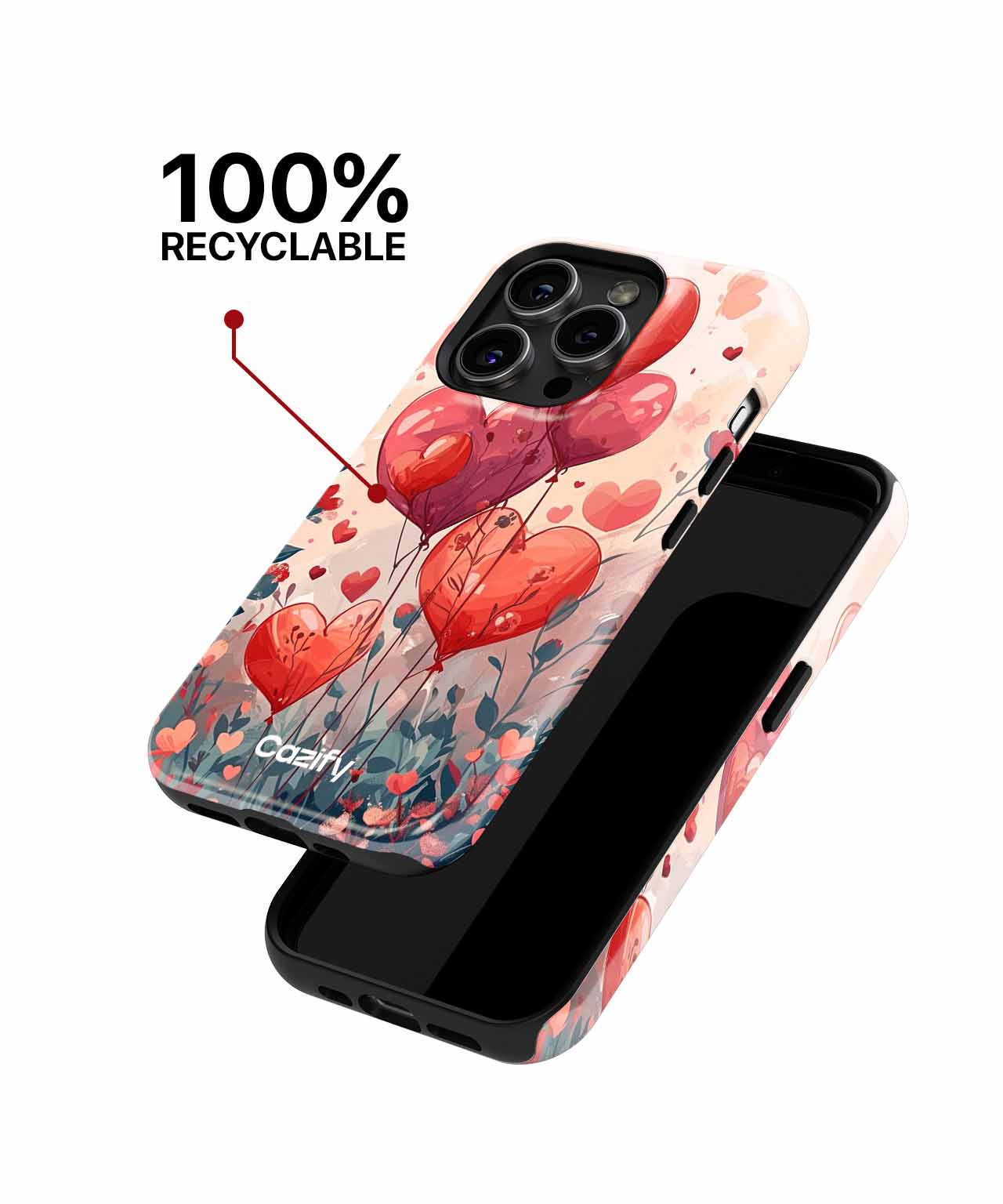 IPhone case with pink and red heart balloon design, black camera cutout, slim fit. - Cazify Canada