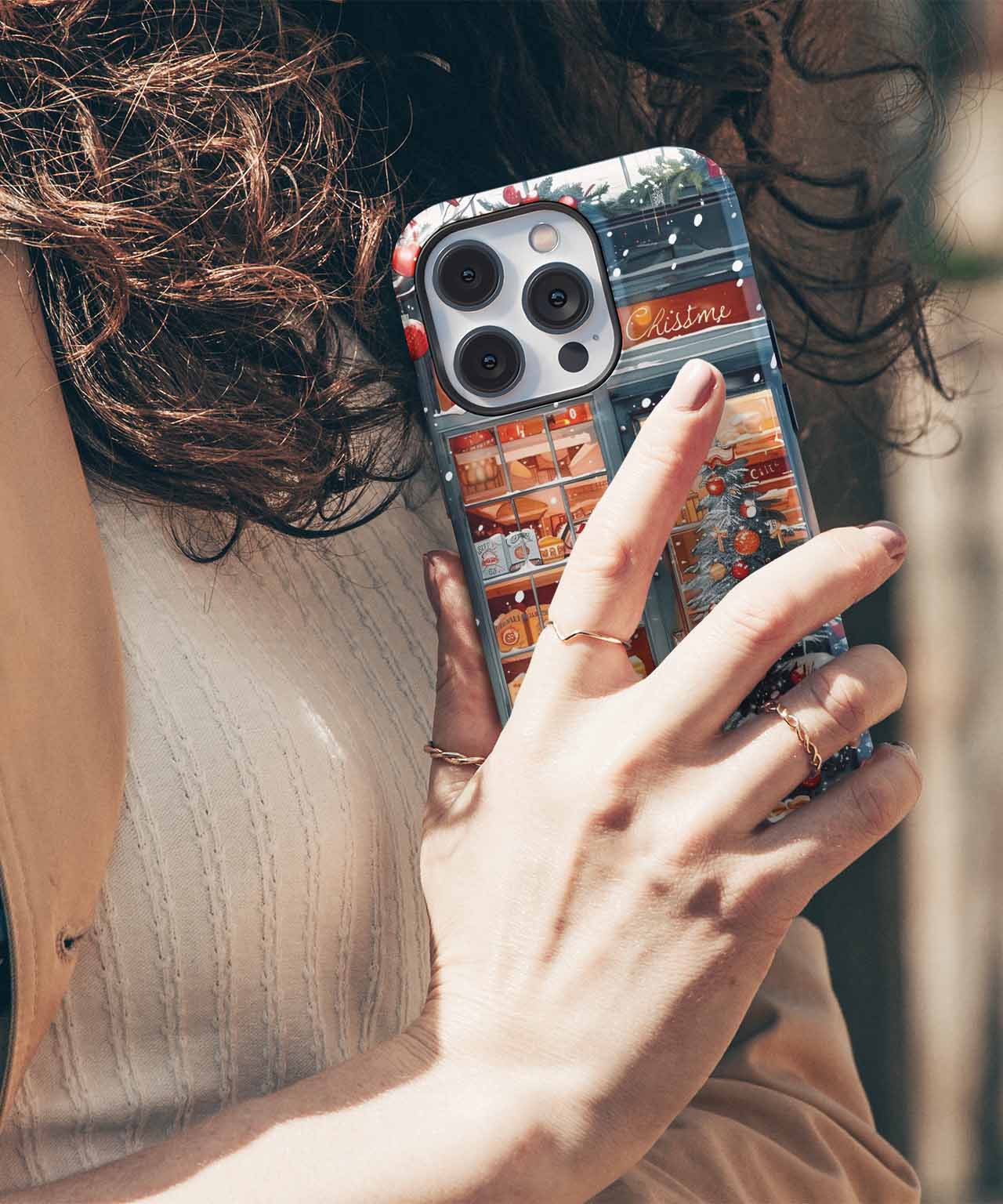 Cheerful Holiday Shopfront with Snow iPhone case Case Cazify - Delivery Canada