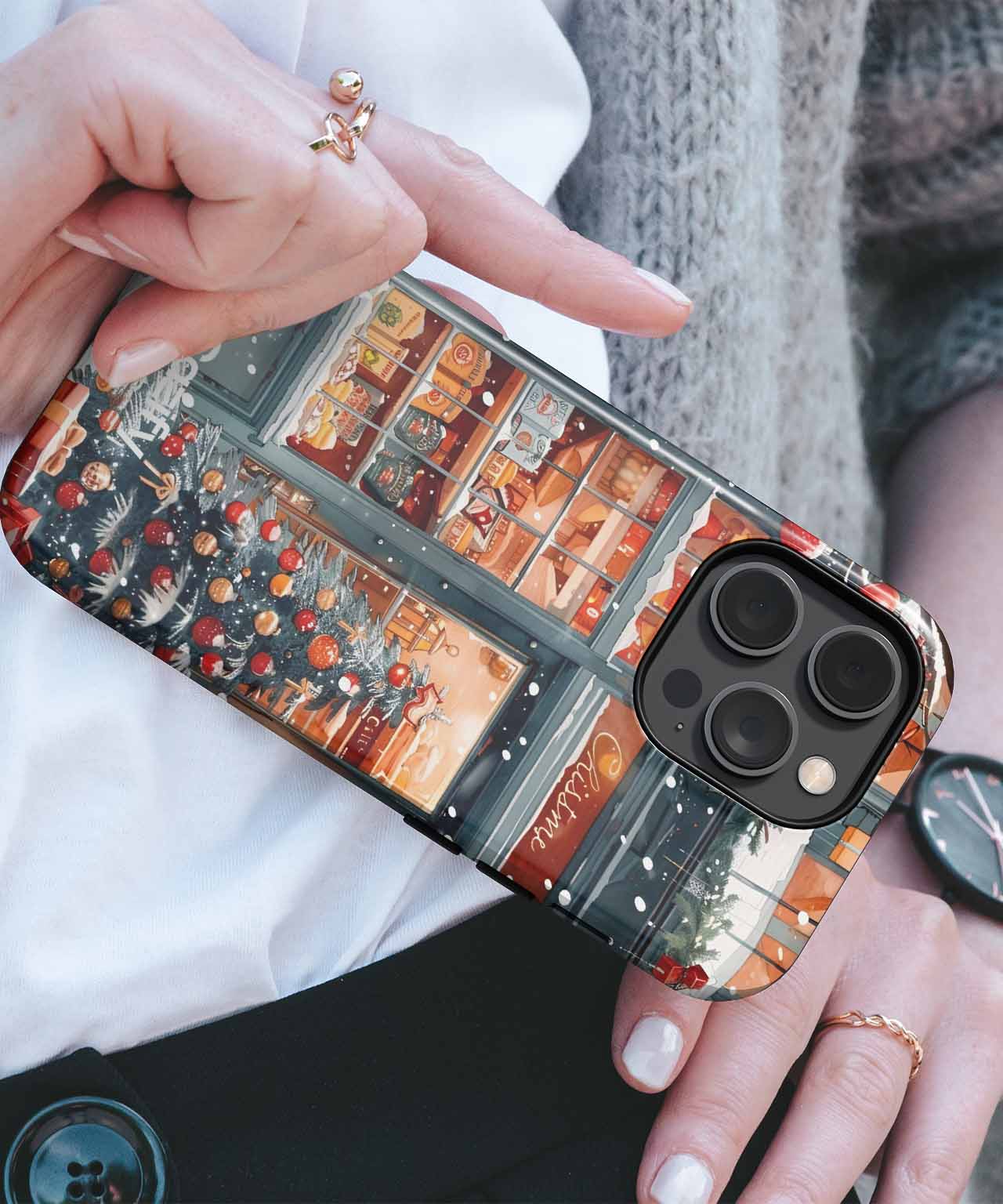 Cheerful Holiday Shopfront with Snow iPhone case Case Cazify - Delivery Canada
