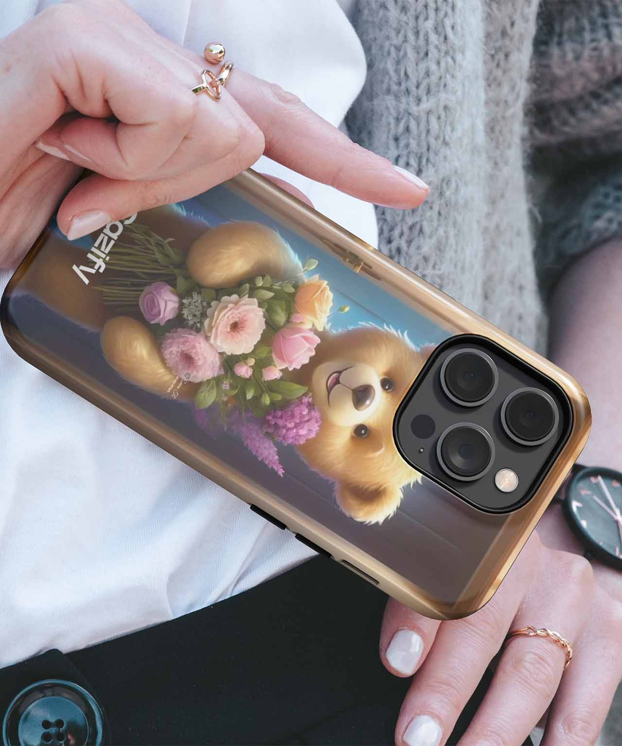 Glossy brown phone case with 3D teddy bear and floral design on black smartphone. - Cazify Canada