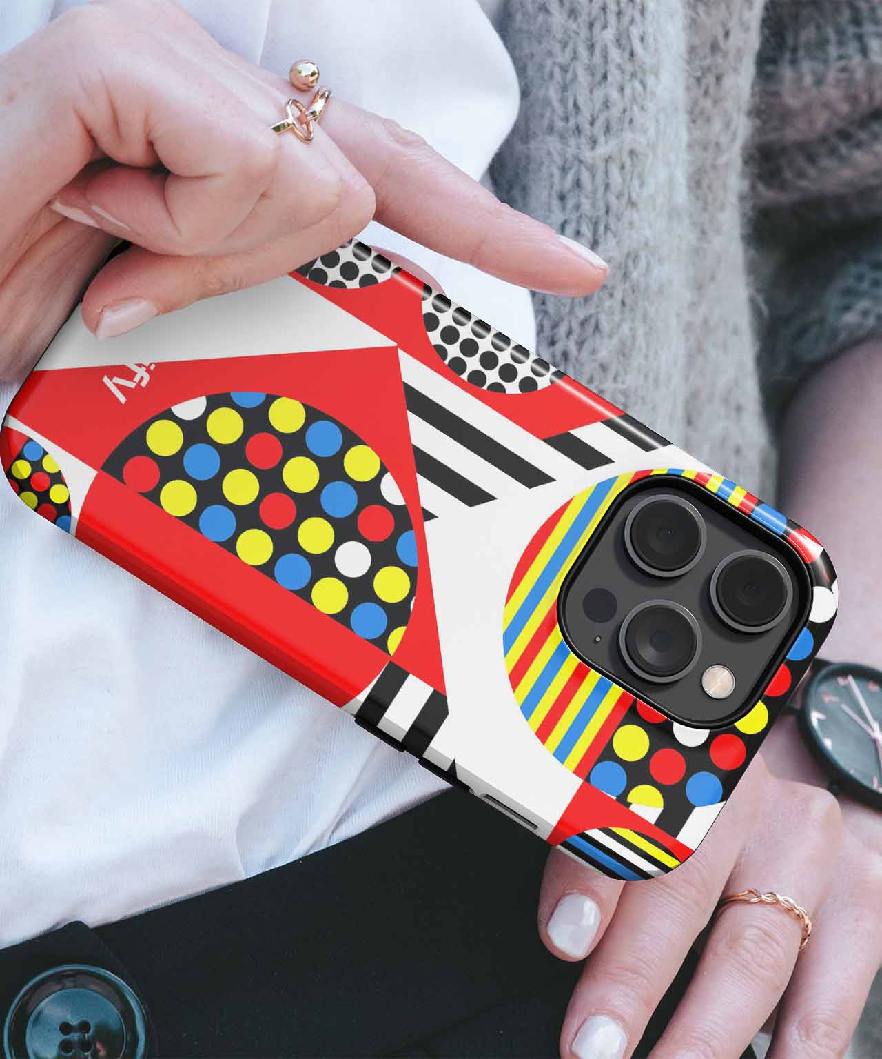 Colorful abstract geometric pattern phone case with large camera cutout on iPhone. - Cazify Canada