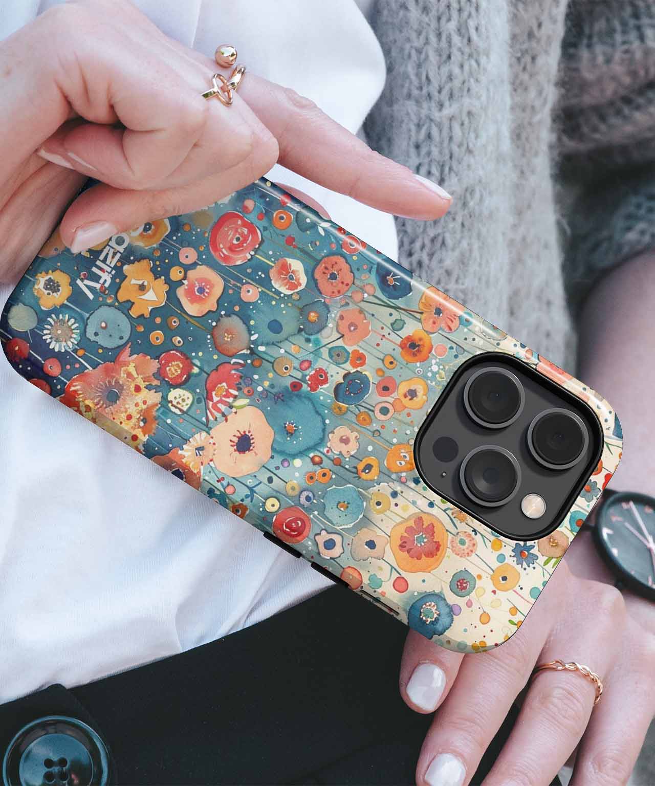 Floral patterned iPhone case with multicolor flowers and gold accents on camera cutout. - Colorful Floral Fantasy Forest iPhone case - Cazify Canada