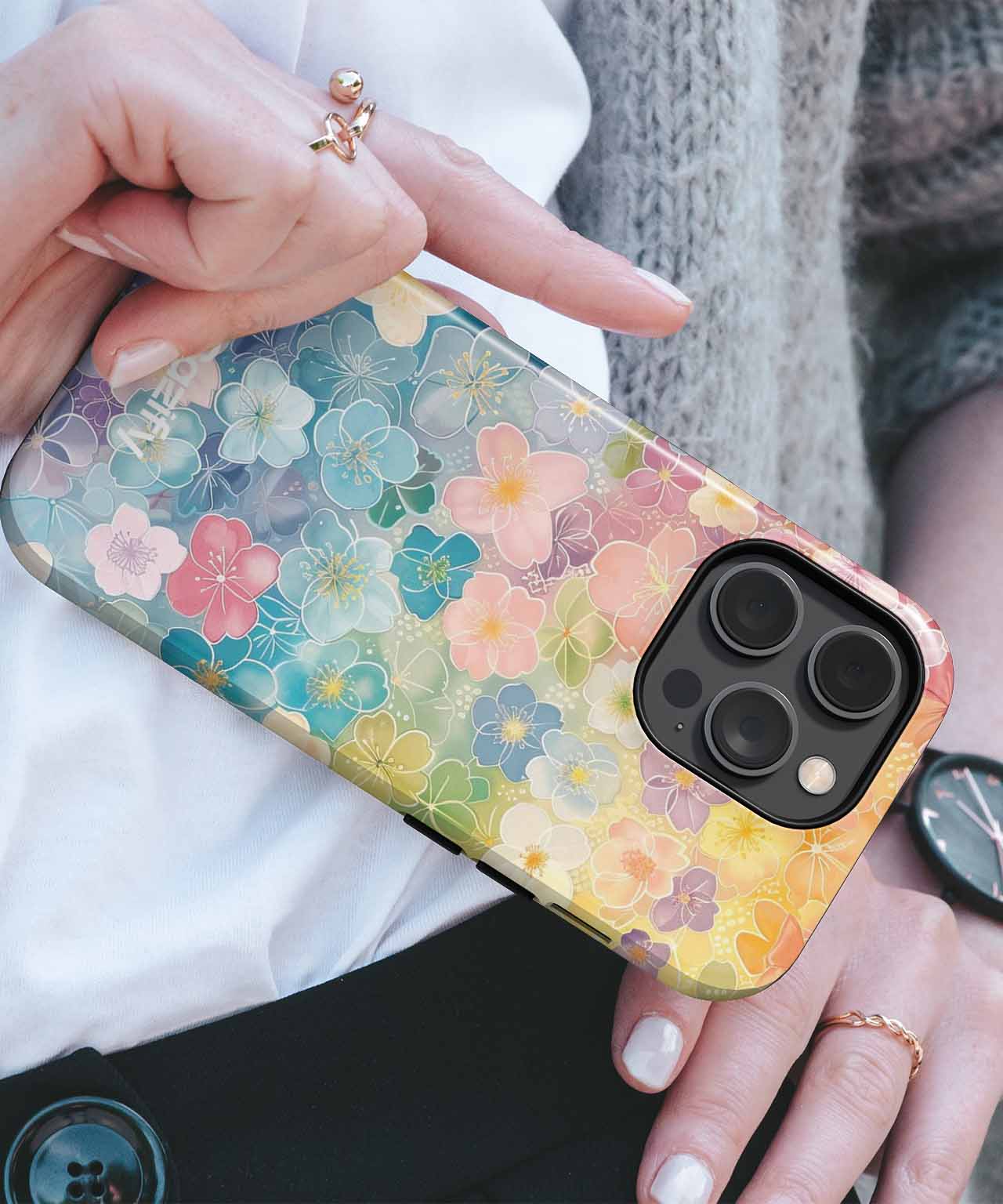 Floral pattern iPhone case with pastel flowers and glitter accents. - Colorful Floral Wonderland of Petals iPhone case - Cazify Canada