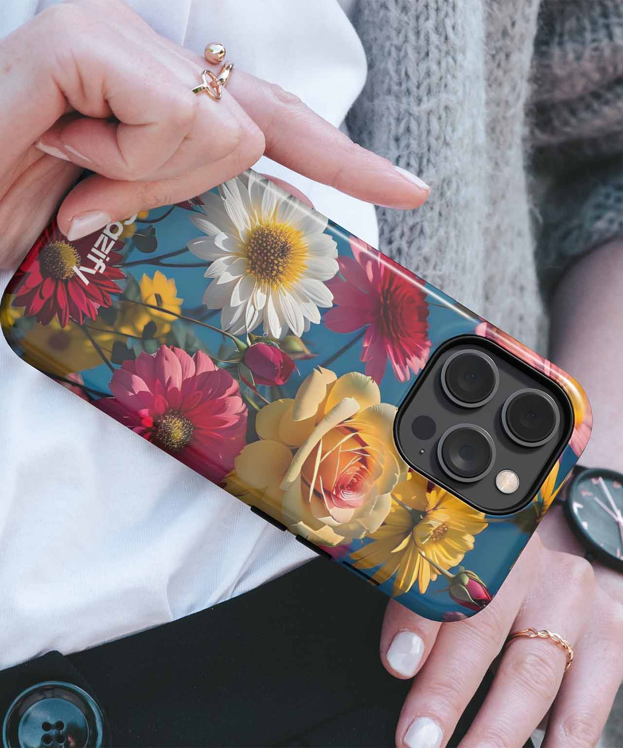 Floral print iPhone case with red, yellow, and white flowers on dark background. - Colorful Flower Party in Full Bloom iPhone case - Cazify Canada