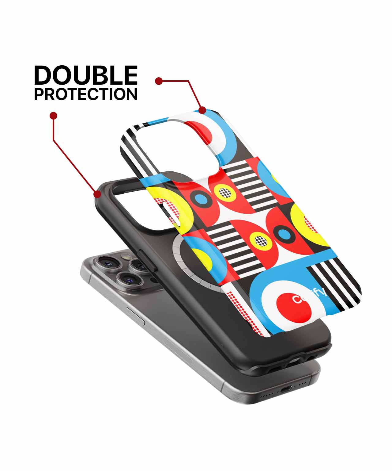 Colorful geometric pattern phone case with black inner layer for double protection on iPhone. - Cazify Canada