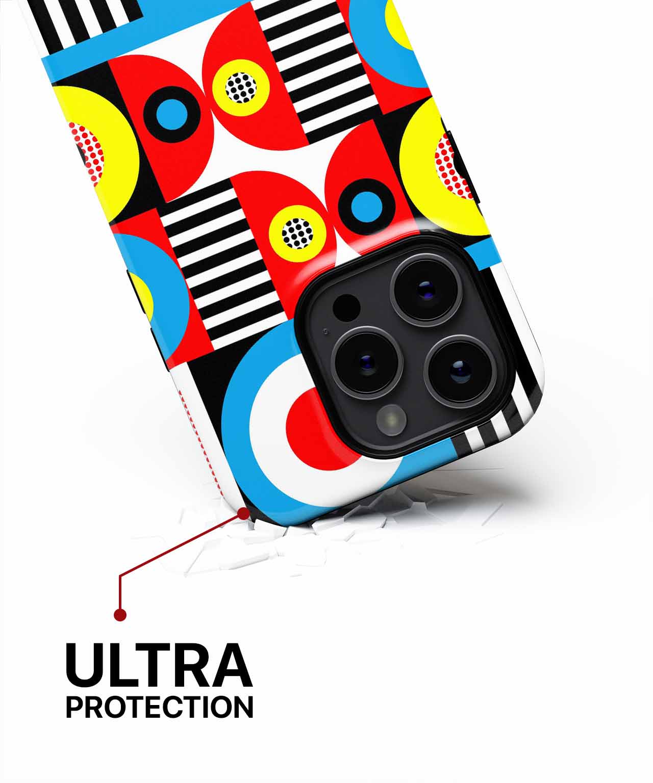 Colorful geometric pattern phone case with black camera cutout for iPhone models. - Cazify Canada