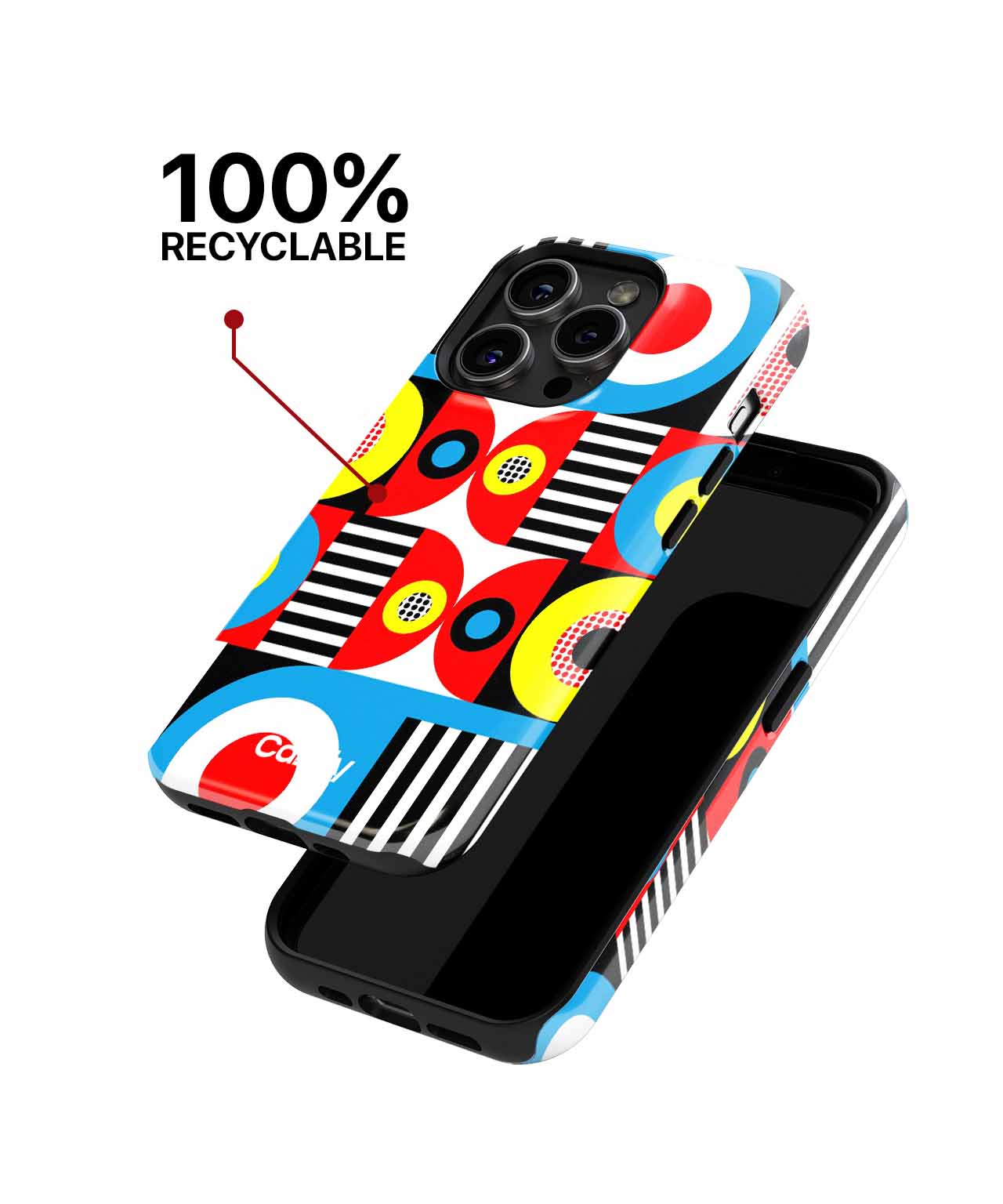 Colorful geometric patterned iPhone case with circles, stripes, and shapes, shown on black phone. - Cazify Canada