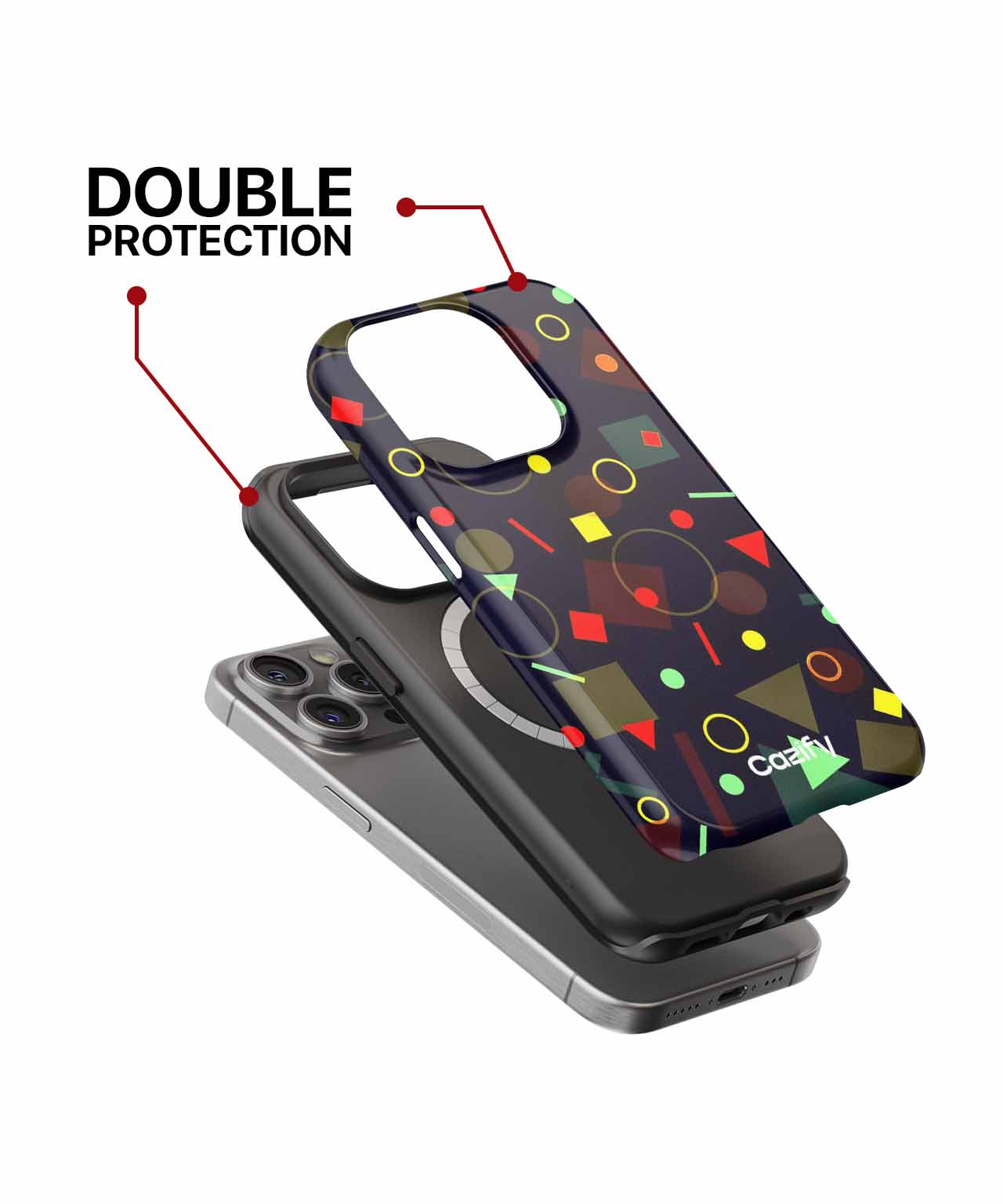 Black phone case with colorful geometric patterns and double protection label. - Cazify Canada