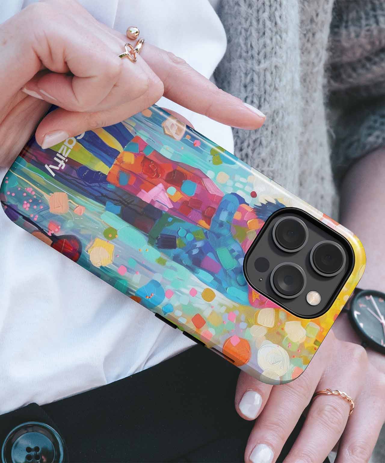 Colorful abstract floral pattern iPhone case with black camera cutout and yellow border. - Cazify Canada