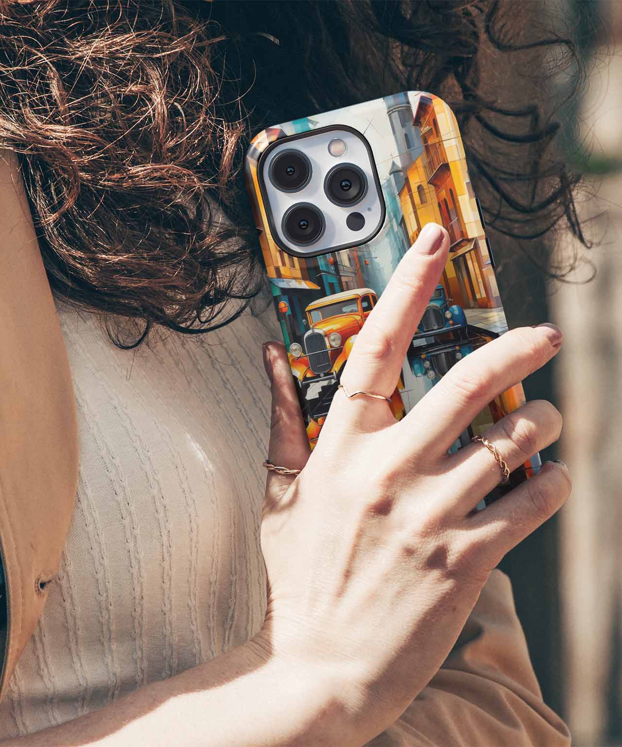 Colorful Retro Cars on a Cobblestone Street iPhone case Case Cazify - Delivery Canada