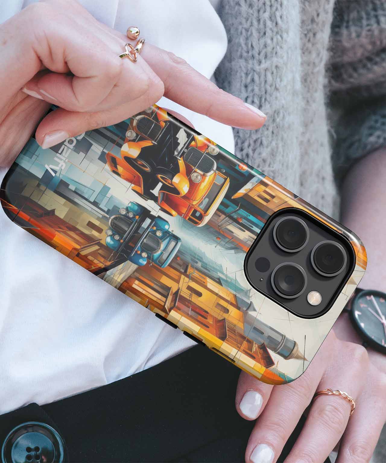 Colorful Retro Cars on a Cobblestone Street iPhone case Case Cazify - Delivery Canada