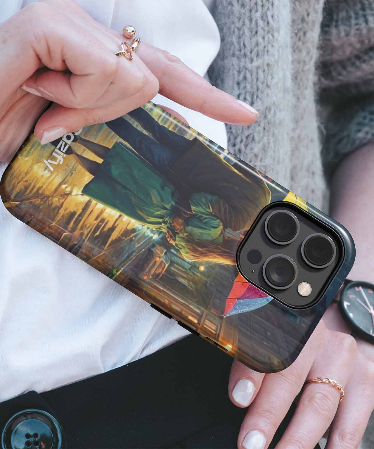 Black iPhone case with artistic vintage painting print featuring a figure and warm tones. - Cazify Canada
