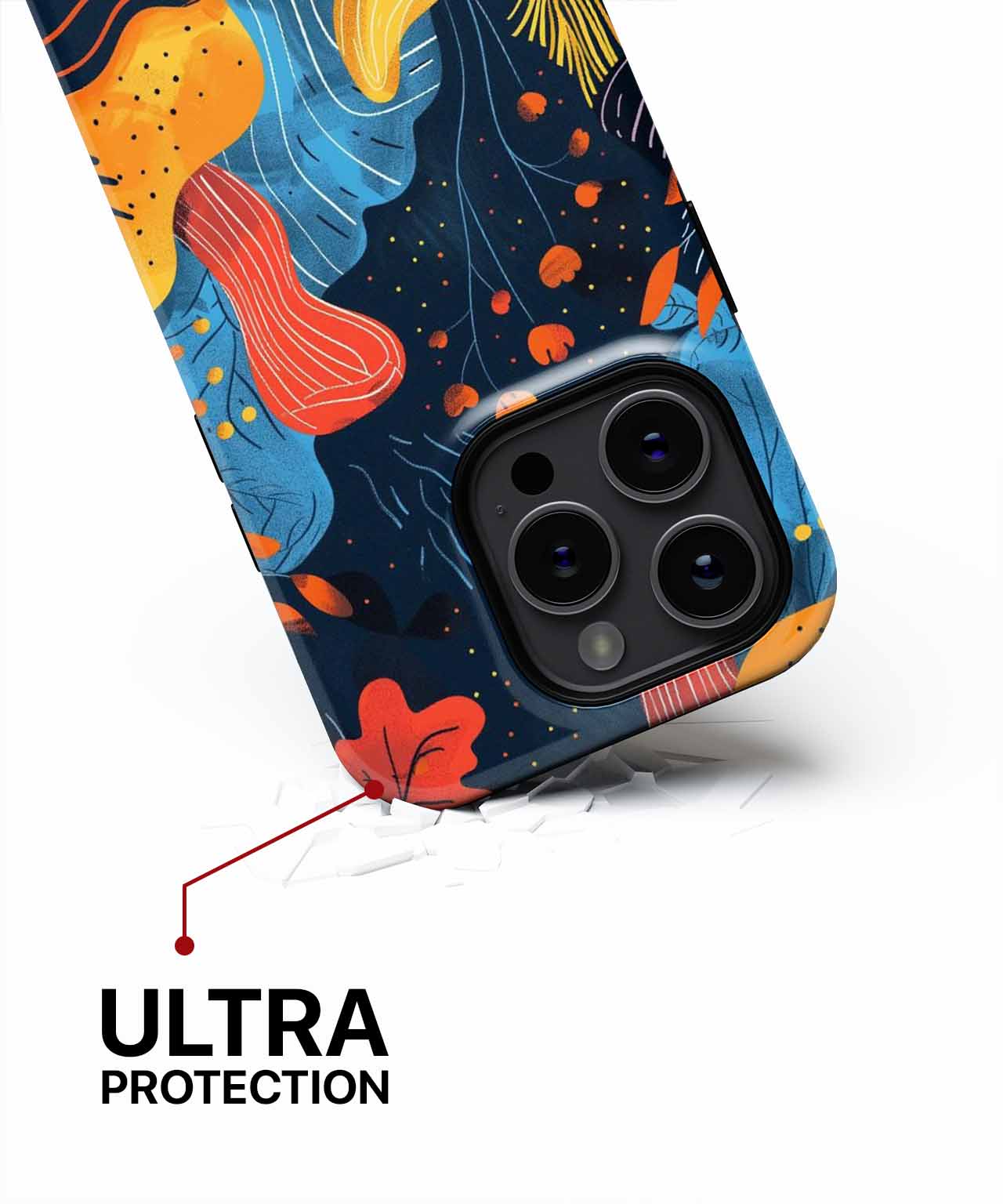 Colorful abstract floral phone case on black background with raised camera protection. - Cazify Canada