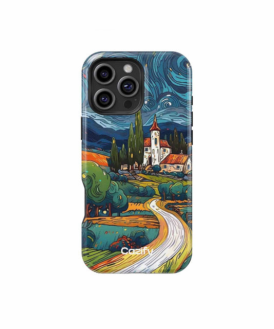 Cazify Canada - Colorful phone case with a Van Gogh style swirling landscape and church design.