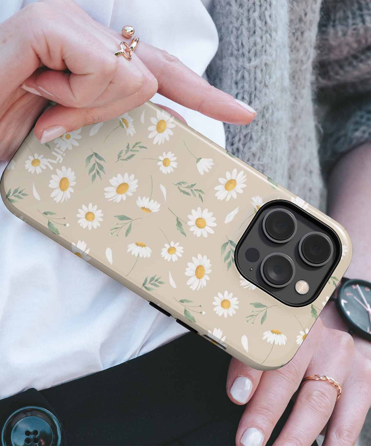 Beige iPhone case with white daisy flower pattern and gold edges. - Daisy Delight Party Pattern iPhone case - Cazify Canada