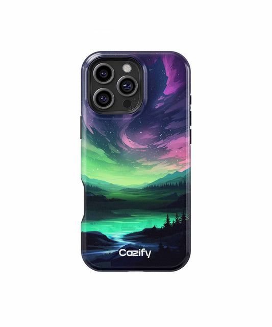 Cazify Canada - Dark phone case with green and purple aurora landscape design and Caizify logo.