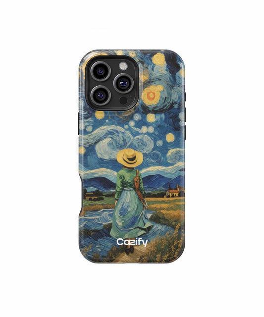 Cazify Canada - IPhone case featuring Van Gogh’s Starry Night with woman in blue dress and straw hat.